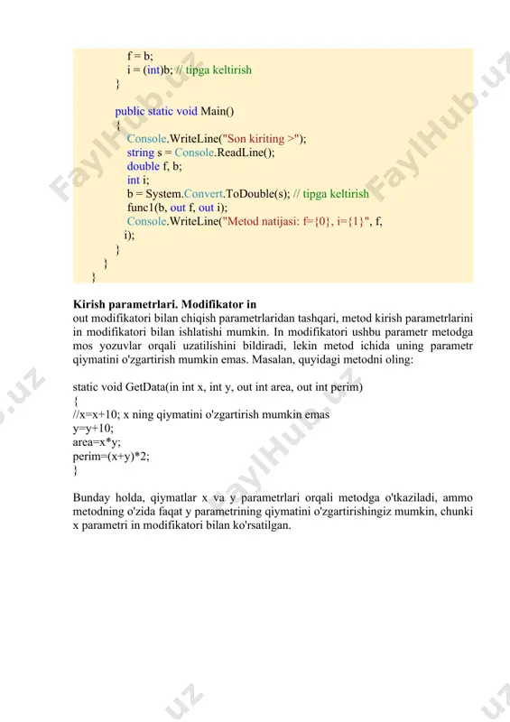 line(x); // 25 console.readline() ; } // x parametr havola bo'yicha beriladi static void addition(ref int x, int y) { x += y; } } e'tibor bering, ref modifikatori metod ni e'lon qilishda ham, uni main metod ida chaqirishda ham ko'rsatiladi. /docprops/thumbnail.emf 15-mavzu. qiymatlar turlari va havola turlar. reja: 1.ref va out kalit so‘zlari. 2.kalit so‘zlarni metodlarda qo‘llash. parametrlarni c # da metodga o'tkazishning ikkita metodi mavjud: qiymat bo'yicha va mos havolalar bo'yicha. parametrlarni qiymat bo'yicha o'tkazish parametrlarni o'tkazishning eng oddiy metodi bu qiymat bo'yicha o'tish, aslida bu parametrlarni o'tkazishning odatiy metodi: class program { static void main(string[] args) {int s; s=sum(10,15); // parametrlar qiymat bo'yicha aniqlanadi. console.writeline("s="+s); } static int sum(int x, int y) { return x + y; } } parametrlarni mos havolalar va ref modifikator orqali o'tkazish parametrlarni mos havolalar bo'yicha o'tkazishda ref modifikatori parametrlardan oldin ishlatiladi: class program { static void main(string[] args) { int x …