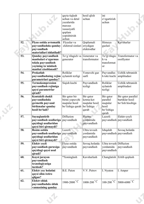 uchun 52. flyus ostida avtomatik payvandlashda qanday payvandlash materiallari ishlatiladi? flyuslar va elektrod simlari qoplamali eriydigan elektrodlar himoya gazlari kavsharlar 53. qanday payvandlash manbalari o‘zgarmas tokda payvandlash yoyining ta`minlash manbai xisoblanadi? to‘g`rilagich va generator generator va transformator to‘g`rilagich va transformator transformator va ossillyator 54. prokatlab payvandlashning rejim parametrlari qanday? roliklar aylanish tezligi yonuvchi gaz sarfi payvandlash toki kuchi uchlik tebranish amplitudasi 55. termokompression payvandlash rejimiga qaysi parametrlar qiradi? siqish kuchi payvandlash tezligi roliklar aylanish tezligi uchlik tebranish amplitudasi 56. kontaktli chokli payvandlashda germetik payvand birikmalar qanday hosil bo‘ladi? bir qator bir birini yopuvchi nuqtalar hosil bo‘lishiga qarab bir qator ketma-ket nuqtalar hosil bo‘lishiga qarab bir qator parallel nuqtalar hosil bo‘lishiga qarab bir qator parallel burtiklar hosil bo‘lish hisobiga 57. suyuqlantirib payvandlash usullariga quyidagi usullaridan qaysi biri qirmaydi? diffuzion payvandlash plazma yordamida payvandlash lazerli payvandlash elektr-yoyli payvandlash 58. bosim ostida payvandlash usullariga quyidagi usullaridan qaysi biri qirmaydi? lazerli payvandlash ultra tovush …