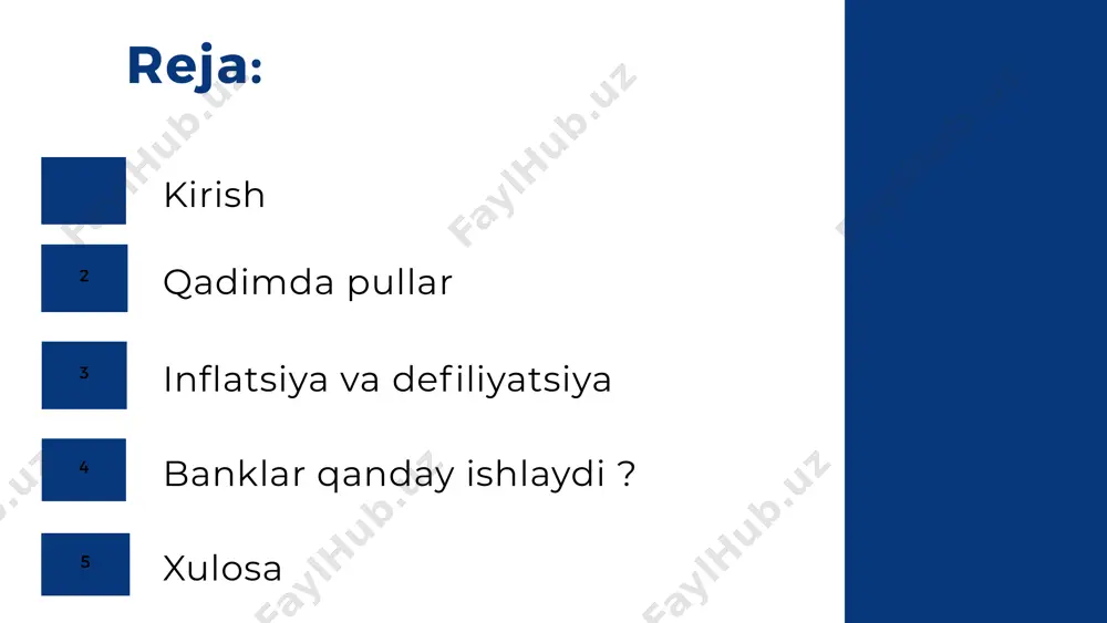 ykalarda odamlar bir tangani boshqa tangaga almashtirilishidan banklar rivoj topgan . banklar qanday ishlaydi? 13.5% aaron loeb tijorat banki tijorat banki markaziy bank tijorat banki banklarda foiz stavkalari 26 % 30 % 27 % inflatsiya inflyatsiya - lotincha “inflatio” so'zidan olingan bo'lib, “shishish”, “bo'rtish”, “ko'tarilish” degan ma'nolarni anglatib, mamlakatdagi tovar va xizmatlar bahosi umumiy darajasining oshishi (o'sishi) tushuniladi. narxlarning umumiy darajasi ko'tarilishi natijasida mamlakat pul birligi (milliy valyuta) xarid qobiliyatining pasayishi ro'y beradi. bu esa o'z navbatida, davlat pul birligining qadrsizlanishiga olib oʻzbekistonda inflatsiya 2024 -yilnng noyabr oyida 10 % ni tashkil etgan . bu koʻrsatkich aqshda esa 2024-yilda 3.2 %ni tashkil etgan . deflyatsiya deflyatsiya - bu tovarlar va xizmatlar narxlarining umumiy pasayishi, odatda iqtisodiyotda pul va kredit taklifining qisqarishi bilan bog'liq. deflyatsiya davrida valyutaning sotib olish qobiliyati vaqt o'tishi bilan oshadi. xulosa har bir mamlakatda iqtisodiy barqarorlikni saqlab qolish uchun avvalambor ishlab chiqarish va export darajasini oshirish va …