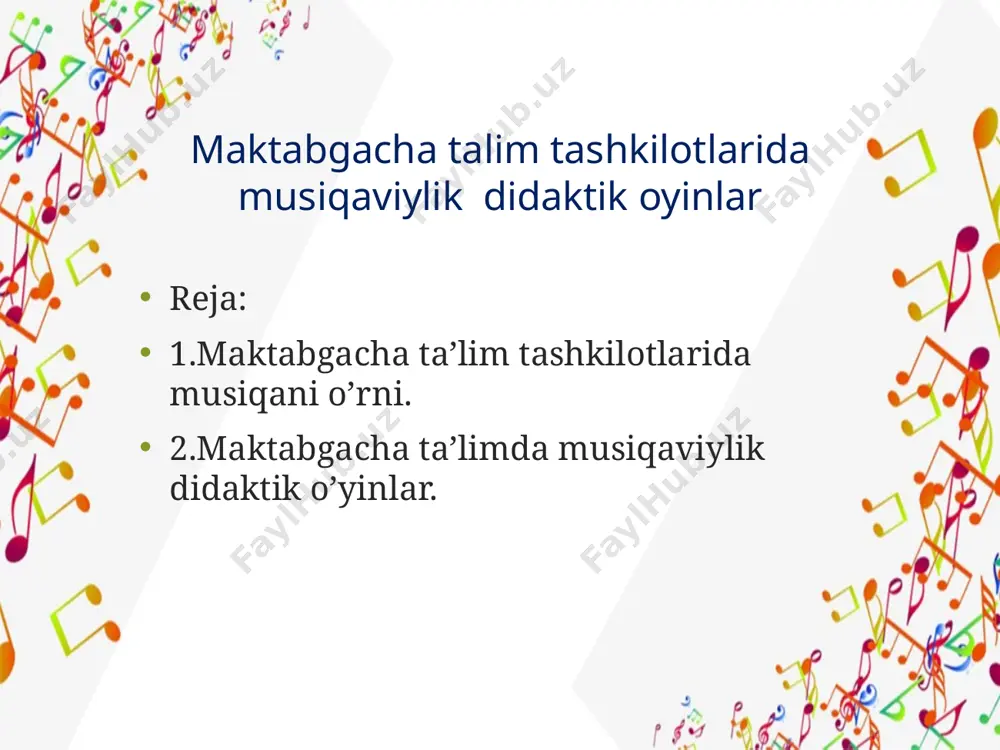 otali ohangni past ovozda kuylaganlar. har bir madaniyatda mehr-muhabbat va bayramlar haqidagi oddiy qo’shiqlar mavjudki, bolalar ularni yodlay oladilar va bu ularga o’z his- tuyg’ularini ifodalashga yordam beradi. marsh bolaga faxr tuyg’usini va g’ayrat, tetiklikni bag’ishlaydi. musiqa mashg’ulotlariga qo’yiladigan talablar: guruhda ijodiy muxit yaratish; bilimlarni ongli o’zlashtirishga erishish ta’lim va tarbiya mushtarakligiga erishish; musiqa san’atidagi go’zallikni, xunuklikdan ajrata olish, doimo nafislikka intilish san’atdagi nafislik va go’zallikni anglashga yo’naltirish musiqa asarlarini diqqat bilan tinglashga, kuylanayotgan qo’shiqlarni ifodali ijrosiga erishish; musiqani butun kun davomidagi ko’plab faoliyat turlari qatoriga kiritish mumkin. biroq musiqa foniga nisbatan ehtiyotkorlik bilan yondoshmoq zarur. musiqa chalinayotgan aksariyat hollardaю… bolalarning diqqat markazida bo’lmog’i lozim. fonli musiqa, ayniqsa, bu kattalarning mashhur musiqasi bo’lsa, kattalar uchun yoqimli bo’lishi mumkin, lekin u bolalarni chalg’itishi mumkin. mariya motessori ilmiy izlanuvchan, tabiatshunos, vrach, psixolog italiya yashab ijod etgan, gollandiyada vafot etgan. uning maktabgacha tarbiya sohasida pedagogik faoliyatini butun dunyo xalqlari biladi. u bolalar bilan …