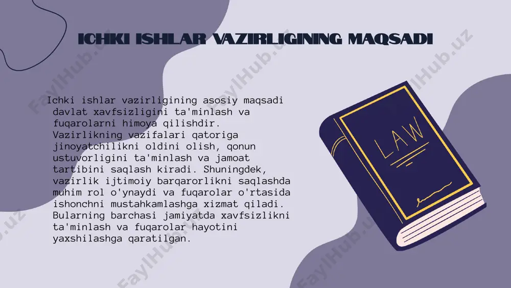 'rsatish sifatini oshirish mumkin. ichki ishlar vazirligining tarixi ichki ishlar vazirligi 1918 yilda tashkil etilgan. o'zbekiston hududida tartibni saqlash va xavfsizlikni ta'minlash maqsadida tashkil etilgan ushbu tashkilot, o'z faoliyatini mustaqil davrda davom ettirdi. 1991 yilda o'zbekiston respublikasi mustaqillikka erishgach, vazirlikning funksiyalari kengayib, zamonaviy xavfsizlik muammolariga javob berishga yo'naltirildi. tashkilotning tarixida muhim voqealar, jumladan, 2000-yillarda amalga oshirilgan islohotlar va xalqaro hamkorlikning o'sishi kabilar muhim ahamiyatga ega. rivojlanish jarayonlari muhojirlik va islohotlar o'zbekiston mustaqillikka erishgandan so'ng, ichki ishlar vazirligi bir qator islohotlarni amalga oshirdi. ushbu islohotlar ichki xavfsizlikni ta'minlash, qonun hujjatlarini takomillashtirish va fuqarolar huquqlarini himoya qilishga qaratilgan. 1991 yildan boshlab, vazirlikning faoliyati mamlakatning ijtimoiy-iqtisodiy rivojlanishiga muvofiq ravishda zamon talablariga javob beradigan tarzda yangilandi. modernizatsiya jarayonlari hozirgi kunda ichki ishlar vazirligi modernizatsiya jarayonlarini boshladi. bu jarayonlar ichida yangi texnologiyalarni joriy etish, xizmat ko'rsatish sifatini oshirish va xodimlarning malakasini oshirish kabilar mavjud. 2020 yilda vazirlik tomonidan amalga oshirilgan ‘xavfsizlikni ta'minlash’ dasturi doirasida, sohada …
