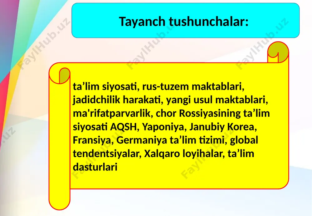 iga imkon berilishi kam miqdorda bo’lsada, qizlar ta’limiga ijobiy ta’sir o’tkazdi. xix asr 70 yillarida toshkent va chimkentda qizlar uchun bo’lim hamda hunarmandchilik sinflari, kazalinskda qizlar uchun yakshanba sinflari bo’lgan boshlang’ich bilim yurtlari tashkil etildi. ushbu bilim yurtlarining barchasi muayyan rejalarsiz, asosan, o’lkadagi rus aholisining ta’lim olishga bo’lgan ehtiyojini qondirish maqsadida tashkil etilgan edi. chor rossiyasining ta’lim siyosati. yerli xalqning aksariy qismi, ba'zi rusparast boy-zodagonlarni hisobga olmaganda, o'z bolalarini rus-tuzem maktablariga berishning oqibatlaridan cho'chir edi. bu maktablarda birinchi navbatda pravoslav mahzabinig asoslari, rus tili, podshoni ulug'lovchi madhiyalar o'rgatilgani uchun mahalliy xalq bu ochiqdan-ochiq dinbuzarlikdan qochib o'z farzandlarini rus-tuzem maktablariga bermasdi. buni o’z vaqtida sirdaryo viloyatidagi rus maktablarini taftish etgan chor amaldori n.k. smirnov ham qayd etgan edi. u ruslashtirishga yo'naltirilgan ta'lim siyosatining muvaffaqiyatsizligi sabablarini quyidagicha izohlaydi va yozadi: - yerli aholining shaharlardagi rus maktablarining qabul qilmaganligi sababi ularning dasturlarida musulmoncha savod darslari yo'qligi, darslar bolalar uchun tushunarsiz bo'lgan rus tilida …