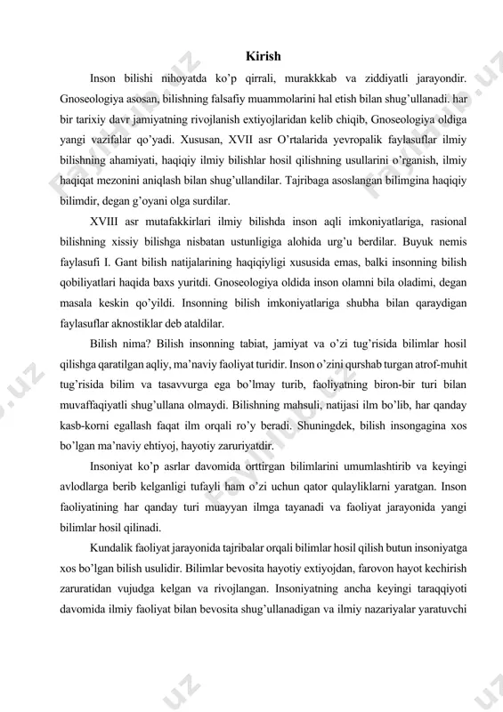 l qilinadi. kundalik faoliyat jarayonida tajribalar orqali bilimlar hosil qilish butun insoniyatga xos bo’lgan bilish usulidir. bilimlar bevosita hayotiy extiyojdan, farovon hayot kechirish zaruratidan vujudga kelgan va rivojlangan. insoniyatning ancha keyingi taraqqiyoti davomida ilmiy faoliyat bilan bevosita shug’ullanadigan va ilmiy nazariyalar yaratuvchi alohida sosial guruh vujudga keldi. bular — ilm-fan kishilari bo’lib, ilmiy nazariyalar yaratish bilan shug’ullanadilar. bilish nazariyasi bilishning mohiyati, shakllanish va rivojlanish qonuniyatlari, xususiyatlarini o`rganish falsafa tarixida muxim o`rin egallab kelmokda. inson o`z bilimi tufayli borliq, tabiat, jamiyatni va nixoyat, o`z-o`zini o`zgartiradi. bilishga qaratilgan inson faoliyatini va uni amalga oshirishning eng samarali usullarini tadqiq etish falsafa tarixida muxim ahamiyatga ega. bilish insonning tabiat, jamiyat va o`zi to`g`risida bilimlar xosil qilishga qaratilgan aqliy, ma’naviy faoliyat turidir. inson o`zini kurshab to`rgan atrof-muxit to`g`risida bilim va tasavvurga ega bo`lmay turib, faoliyatning biron-bir turi bilan muvaffakiyatli shug`ullana olmaydi. bilishning maxsuli, natijasi ilm bo`lib, har qanday kasb-korni egallash faqat ilm orqali ro`y beradi. …