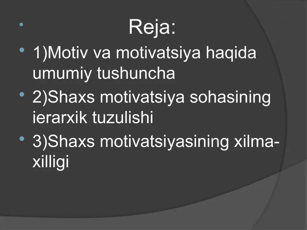 muddatli, bir lahzali, bir zumlik va soniyalik motivlar c) uzoq muddatli, vaqt taqchilligidan ozod, xotirjam xatti-harakatlarni talab etuvchi motivlar 5) vujudga kelishi, kechish sur’ati bioquvvat bilan o’lchanuvchi motivlar a) kuchli, qudratli, ta’sir doirasidagi shijoatli motivlar b) paydo bo’lishi, kechishi o’rta suratli motivlar c) yuzaga kelishi, kechishi zaif, bo’sh, kuchsiz, beqaror motivlar 6) faoliyatda, muomalada va xatti-harakatda vujudga kelishi xususiyati, xislati va sifatini aks ettiruvchi motivlar a) aniq, yaqqol, voqe bo’luvchi real motivlar b) zarurat, yuksak talab va ehtiyojlarda ifodalanuvchi dolzarb motivlar c) imkoniyat, zaxira, latent-yashirin xususiyatlarini o’zida mujassamlashtiruvchi motivlar мотивга генетик ёндашилганда шу нарсани алоҳида таъкидлаб ўтиш лозимки, бола туғилганидан эътиборан бевосита фаоллик кўрсатиш-га мойиллик ҳукм суради: у кулади (новербал муомала шакли), қимир-лайди (фазода ўрин алмашиш), қўл ва оёқларини ҳаракатлантиради (мослашиш), ўйнайди (муҳит-бола муносабати), гаплашади (шахсла-раро муносабатга киришиш), саволлар беради (диалогик мулоқот ва бошқалар). ташқи мотивлар жазолаш ва такдирлаш, хавф-хатар ва талаб қилиш, гуруҳий тазйиқ, эзгу ният, орзу-истак каби қўзғатувчилар …