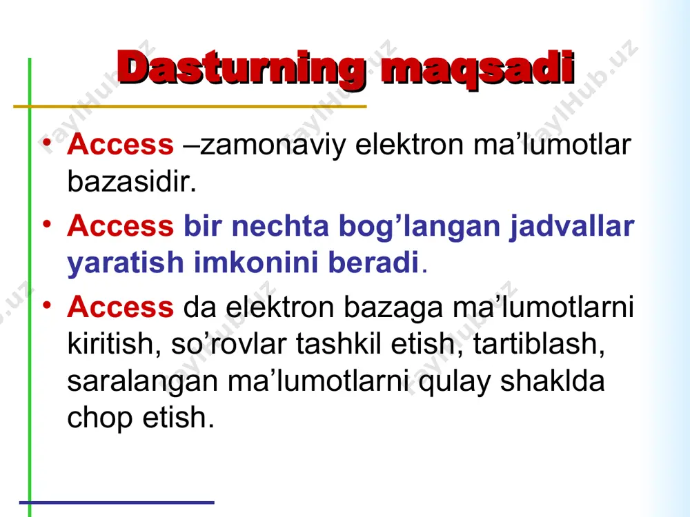 borga olgan holda uning maydonlarini ifodalash. bu jarayon mb oynasida создание tugmasini bosish bilan boshlanadi. 1. таблица tartibida ms access oynasi bunday jadval tuzish oddiy mexanik usulda yaratiladi va ekranda formal nomlarda jadval maydonlari hosil bo’ladi: maydon1, maydon2 ... va standart matnli maydon turi aksla-nadi. 2. конструктор таблиц tartibida ms access jadval yaratishning конструктор tartibini tanlasak, u holda maydonlar nomi ularning turi va xossalari kabi paramertlarini kiritish mumkin bo’lgan muloqot oynasi paydo bo’ladi. on the view shortcutstoolbar, click the design viewbutton to display the orders table structure in designview. notice that the designtool tab now appears on the ribbon. access da запрос yaratish 1. мастер запросов простой запрос – mavjud aniq maydonlarni tanlab olish yo’li bilan so’rovlar tuzish. maydonlarni tanlab olish yo’li bilan so’rovlar tuzish. перекрёстный запрос – mb da mavjud bo’lgan bir nechta jadval va so’rovlarni chatishmasidan yangi so’rovlar yaratish. access da запрос yaratish 1. мастер запросов повторяющиеся записи …