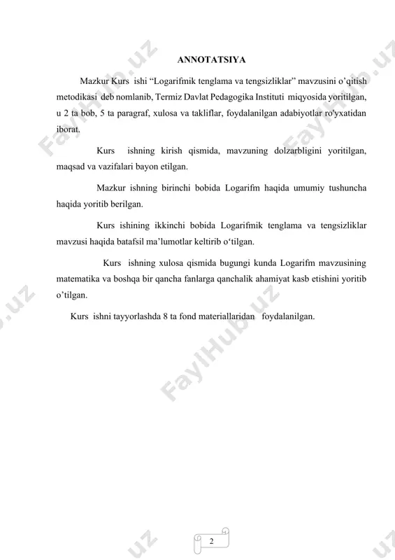 i. sh.m.mirziyoyev mavzuning dolzarbligi: matematika va informatika ta’lim yo’nalishida matematika o’qitish metodikasi fanining o’rni juda katta. mavzuning fanga taalluqli jihatlarini chuqur o’ganib yoritishdan iborat. aynan bu kurs ishida logarifmik tenglama va tengsizliklarni yechish masalalarini hal etish ko’zda tutiladi. logarifmik tenglama va tengsizliklar matematika o’qitish metodikasi fanining asosiy masalalaridan biri bo’lib, faqatgina geometriya masalalarini hal etishda emas, balki fizika masalalarini ham hal etishda qo’llaniladi. shuning uchun kurs ishi mavzusi dolzarb. kurs ishi maqsadi: matematika o’qitish metodikasi fanida logarmik tenglama va tengsizliklar mavzusining tadbiqini chuqur o’rganib muhim tomonlarini o’rganish. logarifmik tenglama va tengsizliklarning barcha xossalari, hisoblash qoidalarini o’rgangan holda, o’zgaruvchilarni almashtirish usullarini qo’llab, geometriya, fizikaga oid masalalarni yechishdir. kurs ishi vazifasi: logarifmik tenglama va tengsizliklarni ma’no mantig’i, ko’plab masalalarda qo’llanilishi to’g’risida tushuncha berishdan iborat. kurs ishida qo’yilgan masala referativ xarakterda bo’lishiga qaramay, logarifmik tenglama va tengsizlik kabi amaliy masalalarni hal qilishga bag’ishlanadi. kurs ishi metodi: kuzatish , ma’lumotlar to’plash va uni tahlil …