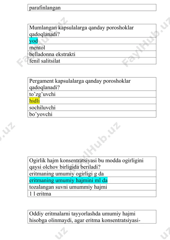 aqtlarda; agar retseptda surtma dorilarni konsentratsiyasi ko�rsatilmagan bo�lsa, u holda necha foizli qilib tayyorlab beriladi? 1 %; 15 %; 10 %; 20 %; kolloid eritmalar qaysi sistemaga kiradi? chin; gomogen; mikrogeteregen; geterogen; kolloid eritmalarni dorixona sharoitida uzoq muddatga tayyolash mumkinmi? 5 kun; 10 kun; ex tempore; 30 kun; protargol o�zining tarkibida necha foiz kumush saqlaydi? 70 %; 77 - 83 %; 7,7 - 8,3 %; 50 %; to�g’ri texnologiyasini tanlab oling? oling: ixtiol eritmasidan 5 % - 150,0 b.b. farfor chashkada 7,5 g ixtiol tortib olinadi va oz ozdan 150 ml suv solinadi; flakonga 7,5 g ixtiol tortib olinadi va 150 ml tozalangan suv o�lchab solinadi, flakonni issiq suv hammomida qizdiriladi; 7,5 g ixtiol oz qism suv (5 ml) bilan eziladi va erituvchining qolgan qismi qo�shiladi; flakonga 7,5 g ixtiol tortib olinadi va flakonni issiq suv hammomida qizdiriladi; quyidagi tarkib bo�yicha protargol eritmasini to�g�ri tayyorlash texnologiyasini tanlab oligng? oling: protargol …