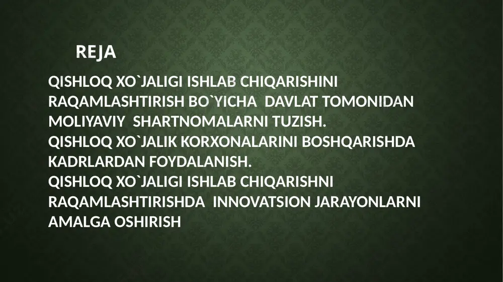 oqda. o‘tgan davrda fan va texnologiyalarni rivojlantirish sohasida zarur infratuzilma yaratildi, muayyan intellektual va texnologik salohiyat shakllantirildi. shu bilan birga, quyidagi tizimli muammolarning mavjudligi, innovatsion g‘oyalar va texnologiyalarni ishlab chiqish va joriy etish uchun mavjud imkoniyatlar va salohiyatdan yetarlicha foydalanmaslik ko‘zlangan islohotlarning samarali amalga oshirilishiga hamda mamlakatning jadal innovatsion rivojlanishiga to‘sqinlik qilmoqda 3 qishloq xo`jaligi ishlab chiqarishini raqamlashtirishda innovatsion jarayonlarni amalga oshirishni. o‘zbekistonning hozirgi mashinasozlik quvvatini ikki barobarga oshiradi. 2010 yildan 2014 yilgacha o‘zbekistonda 150 ta tekstil korxonalari barpo etildi. ular o‘z mahsulotlarini xorijiy mamlakatlarga 670 mln aqsh dol hajmda eksport qildilar. shu davrlarda o‘zbekistonda investitsiya hajmi 800 mln aqsh dollarini tashkil etdi. hozirgi kunda o‘zbekistonda 35 foiz paxta tolasi qayta ishlanmoqda. oxirgi uch yilda respublikamizda germaniya, shvetsariya, yaponiya, janubiy koreya, aqsh, tursiya va boshqa mamalakatlar investirlari ishtirokida 100 dan oshiq tekstil korxonalari qurildi, 1994 yildan to 2014 yilgacha 8 mln dan to 1 mlrd aqsh dollariga tekstil korxonalari mahsulotini …