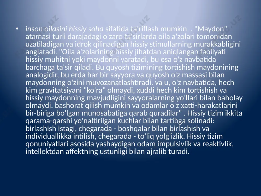 eri bilan yarashadi va onaga "qarshi" u bilan do'st bo'lishni boshlaydi. yana bir misol - ota-onalarning diodasida keskinlik kuchayishi sababli bolada simptomatik xatti-harakatlarning paydo bo'lishi. 3. yadro oilasining emotsional jarayonlari . kontseptsiya bir avlod darajasida oiladagi hissiy o'zaro ta'sirning modellarini tavsiflaydi. inson oilasini hissiy bir butun yoki to'liq hissiy tizim sifatida ko'rish mumkin. bu sohaga sho'ng'igan odam munosabatlar muvozanatidagi nozik o'zgarishlarga javob berib, uning qonunlariga muvofiq yashaydi. bu hissiy reaktsiya odatda avtomatikdir. masalan, rad etishga javoban, masofani oshirish reaktsiyasi avtomatik ravishda sodir bo'ladi - rasmiy muloqotga o'tishdan jismoniy ketishgacha. hissiy reaktivlik munosabatlarda vositachi hisoblanadi. turmush o'rtoqlarning hissiy munosabati darajasi va uslubi o'zini o'zi farqlash darajasi bilan belgilanadi. bir yoki bir nechta bola. ushbu uchta sohaning har qanday biri yoki ularning kombinatsiyasi turmush o'rtoqlarga xos bo'lgan farqlanishning ma'lum miqdorini "joylashtirishi" kerak. 4. oiladagi proyektiv jarayonlar. ota-onalarning farqlanishi zarar keltiradigan va bir yoki bir nechta bolaning ahvolini yomonlashishiga olib keladigan "triangulyatsiya" mexanizmlari …