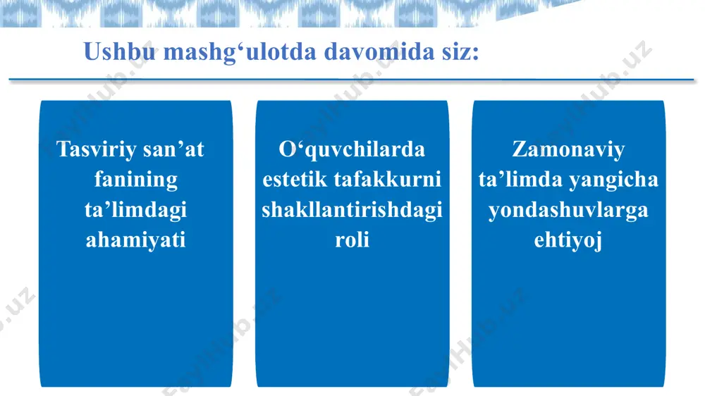 science, technology, engineering, art, math integratsiyasi san’at orqali boshqa fanlar bilan bog‘lash masalan: chizma va geometrik shakllar orqali matematika bilan uyg‘unlashgan holda steam yondashuvi grafik dizayn dasturlari (photoshop, coreldraw, canva) onlayn platformalar (padlet, google arts & culture) raqamli kollaj, 3d modellashtirish mashg‘ulotlari raqamli texnologiyalardan foydalanish har bir o‘quvchining iste’dodiga mos topshiriqlar vizual o‘rganish usullaridan foydalanish turli darajadagi qiyinchilikdagi topshiriqlar differensial va individual yondashuv san’at orqali o‘quvchilarning ichki dunyosini anglash o‘z-o‘zini ifoda qilishga sharoit yaratish estetik his-tuyg‘ularni rivojlantirish insonparvarlik (gumanistik) yondashuv insonparvarlik yondashuvi shaxsni boshqalar fikrini eshitish, hurmat qilish, uning qadr-qimmatini e’tirof etishga o‘rgatadi dars jarayonida zamonaviy metodlarni qo‘llash o‘quvchilar bajargan amaliy ishlari va loyihalaridan ko‘rgazmalar tashkil qilish amaliy mashg‘ulotlar va loyiha ishlari ijobiy ta’sir ko‘rsatadi dars jarayonidagi faolligi shakllantiradi ruhiy emotsional motivatsiyasini rivojlantiradi yangicha innovatsion goyalarni qo‘llay oladi zamonaviy yondashuvlar o‘quvchilarga: sessiya bo‘yicha savollaringiz… ishtirokingiz uchun rahmat image1.png image10.png image11.png image2.svg image3.jpeg image4.png image5.png image6.svg image7.png image8.svg image9.png image13.png image14.svg …