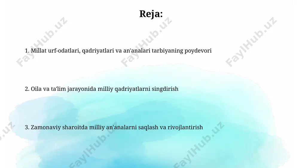 moiy integratsiyani mustahkamlaydi. bolaning shaxsiyatini shakllantirishda oila roli bolani 5 yoshgacha bo'lgan davrda oila muhitida olingan axloqiy-ma'naviy tarbiya, uning keyingi hayot yo'lida, shaxsiyatining mustahkam poydevorini yaratadi va ijtimoiy moslashuvchanligini oshiradi. oila, bolaning shaxsiy rivojlanishida 70% ga yaqin ta'sir ko'rsatadi, milliy qadriyatlarni singdirishda esa asosiy rol o'ynaydi, bu esa kelajak avlodning ma'naviy-axloqiy barqarorligini ta'minlaydi. ijtimoiy-madaniy muhitning ta'siri ijtimoiy-madaniy muhit, bolaning shaxs sifatida shakllanishida 70% ga yaqin ta'sir ko'rsatadi, qolgan 30% esa maktab va boshqa institutlar hissasiga to'g'ri keladi. o'zbekistonning boy madaniy merosi va an'anaviy qadriyatlari, 5 ta asosiy mintaqaning o'ziga xos xususiyatlarini aks ettirib, ijtimoiy-madaniy muhitning rang-barangligini va bolaning tarbiyasi uchun boy imkoniyatlarini namoyon etadi. kelajak avlodni tarbiyalashda muammolar va yechimlar zamonaviy texnologiyalarning haddan tashqari ta'siri tufayli bolalarning 75%i an'anaviy oilaviy qadriyatlarga nisbatan befarq bo'lib qolmoqda, bu esa ijtimoiy moslashuv muammolarini keltirib chiqarmoqda. kelajak avlodni tarbiyalashda ota-onalarning kamida 60%i bolalar bilan muntazam muloqot qilishda qiyinchiliklarga duch kelmoqda, bu esa 30% ga …
