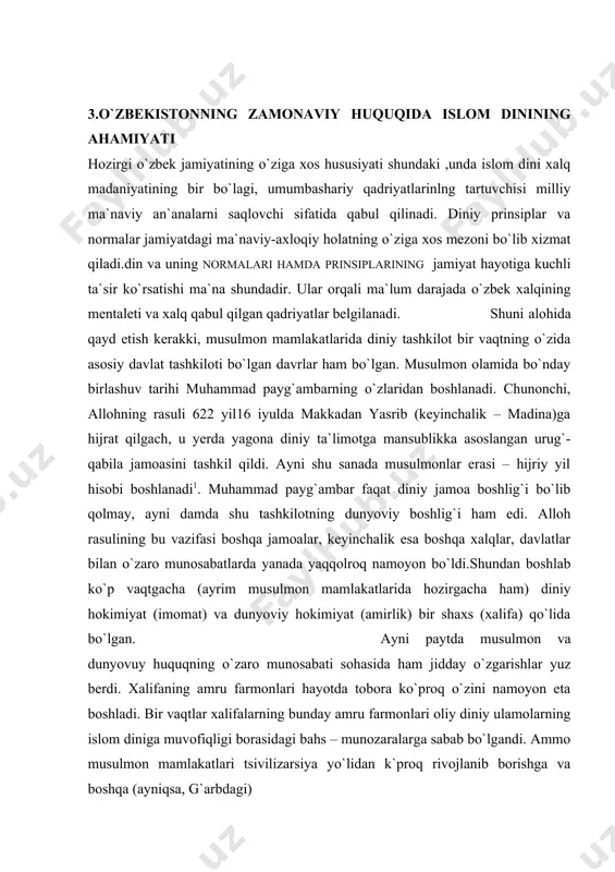 nosabati sohasida ham jidday o`zgarishlar yuz berdi. xalifaning amru farmonlari hayotda tobora ko`proq o`zini namoyon eta boshladi. bir vaqtlar xalifalarning bunday amru farmonlari oliy diniy ulamolarning islom diniga muvofiqligi borasidagi bahs – munozaralarga sabab bo`lgandi. ammo musulmon mamlakatlari tsivilizarsiya yo`lidan k`proq rivojlanib borishga va boshqa (ayniqsa, g`arbdagi) 4.o`bek turmushida davlatninig jamoatchiligi o`zbek tutmush tarziga davlatning jamoatchiligi va paternalizmi xosdir. albatta, jamoa butun dunyo xalqlari bosib o`tadigan unversal shakldir, lekin o`zbekistonda jamoatchilik asoslari va jamoa manfaatlari doimo shaxsiy manfaatlardan ustun bo`lgan.shaxsga asoslangan zaifligi o`zbek yuridek turmushining o`ziga xos xususiyatidir. buni turmushning barcha sohalarini keng ko`lamda xususiy tadbirkorlikni o`zbek hayotiga tadbiq etish va rivojlantirish ishlarida hisobga olish kerak. 5 o`zbekistonda huquqiy islohatlarning takomillashuvi huquiy islohatlar o`zbekiston uchun man`anaviy bo`lgan diniy -axloqiy prinsiplar va normalarga asoslanishi kerak, shundagina qonunlar hayotiylik xususiyatini oladi va jamiyat tomonidan qabul qilinadi, shuning uchun qabul qilinayotgan qonunlarda axolining kundalik turmush faoliyatiga singib ketgan, kishilarning huquq va erkinliklari zid …