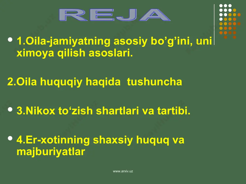 cha mustaxkam bo‘ladi. o‘zbek oilasining o‘ziga xos birqator xususiyatlari mavjuddir: o‘zbek oilasining o‘zoq tarixiy o‘zgarishlar natijasida shakllanib kelganligi; o‘zbek oilasining aksariyat urf-oddatlari, marosim va an’analari islom qoidalariga va axloq normalariga asoslanganligi; o‘zbek oilasi qadimiy tarixiy boy an’analarga ega ekanligi hamda buyuk insonlarni yetishtirganligi; www.arxiv.uz www.arxiv.uz oilaning kup bolali bo‘lishga asoslanganligi; o‘zbek oilasining mehmondustligi va bagrikengligi; o‘zbek oilasining mehnatsevarligi; o‘zbek oilasining zamonaviy ma’naviy va madaniyatga ega bo‘lishi kabilar shular jumlasidandir. oila jamiyat tomonidan muxofaza etiladi-deganda respublikamizda faoliyat yurityotgan jamiyatlar va jamgarmalar tomonidan oilaga moddiy, hamda ma’naviy yordam berilishi tushuniladi. davlat tomonidan oilalarga kun sayin g‘amxo‘rlik qilish unga har taraflama yordam berish insonparvar demokratik davlatning muxim vazifalaridan biriga aylangandir. oilaning davlat muxofazasida ekanligi respublikamiz prezidentining farmonlarida o‘z aksini topmokda. prezidentning 1990 yil 3 maydagi birinchi farmoni “ko‘p bolali oilalarga nafaqa miqdorini ko‘paytirish to‘g‘risida” deb nomlangan edi. 1994 yil 16 iyuldagi farmoniga ko‘ra bozor munosabatlari shakllanayotgan xozirgi sharoitda bolali onalarga davlat yuli bilan …