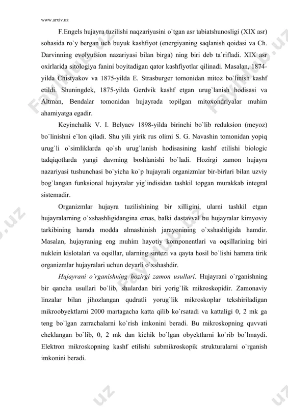 o`rganishning bir qancha usullari bo`lib, shulardan biri yorig`lik mikroskopidir. zamonaviy linzalar bilan jihozlangan qudratli yorug`lik mikroskoplar tekshiriladigan mikroobyektlarni 2000 martagacha katta qilib ko`rsatadi va kattaligi 0, 2 mk ga teng bo`lgan zarrachalarni ko`rish imkonini beradi. bu mikroskopning quvvati cheklangan bo`lib, 0, 2 mk dan kichik bo`lgan obyektlarni ko`rib bo`lmaydi. elektron mikroskopning kashf etilishi submikroskopik strukturalarni o`rganish imkonini beradi. electron mikroskopning yorug`lik mikroskopidan farkqi shundaki, unda ko`rish uchun yorug`lik o`rnida katta tezlikda harakatlanayotgan elektronlar oqimi ishlatiladi. tasvirni katta qilib ko`rish va nurlar taramini fokusga yig`ish maqsadiga bu mikroskopda optic linza o`rniga magnit maydonidan foydalaniladi. elektron mikroskop yordamida mikroobyektlarni 200000 marta va undan ham ortiq darajada kattalashtirib ko`rish mumkin. elektron mikroskop bilan tekshirishlarda maxsus o`lchov birligi nanometer (nm) ishlatiladi (1 nanometr 0, 0001 mk gat eng). bizga ma`lum bo`lgan viruslarning eng kattasi tamaki mozaykasining virus bo`lib, uning uzunligi 250 nm yoki 0, 025 mk dir. mikromani pulyatorning yaratilishi tirik hujayrada operatsiya o`tkazish …