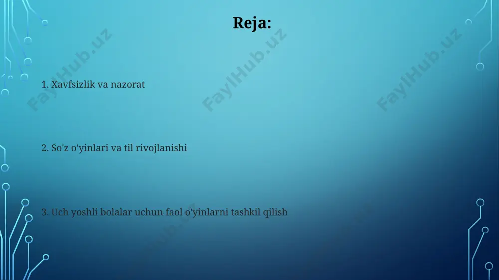ar bir bolaga ko‘proq e’tibor qaratish mumkin. bu ularning ishtirokini va o‘yinlardagi faolligini oshiradi. xavfsizlik choralari va ehtiyotkorliklar kichik buyumlardan foydalanilsa, ularning o'lchami 3 sm dan katta bo'lishi va yutib yuborilishining oldini olish uchun doimiy nazorat ta'minlanishi kerak. o'yinlar davomida bolalarning jarohat olishining oldini olish uchun, o'yin maydonini xavfsizligini tekshirish va 10 daqiqada bir marta tanaffus berish tavsiya etiladi. harakatli o'yinlarning afzalliklari bunday o'yinlar bolalarning ijtimoiy munosabatlarini mustahkamlaydi, chunki ular jamoada ishlashni, hamkorlik qilishni va kamida 2-3 kishi bilan birgalikda o'ynashni o'rganadilar. harakatli o'yinlar 3 yoshli bolalarning gross motor ko'nikmalarini, ya'ni yugurish, sakrash, muvozanatni saqlash kabi asosiy harakatlarni rivojlantirishga yordam beradi, bu esa ularning jismoniy sog'lig'iga ijobiy ta'sir ko'rsatadi. kerakli jihozlar va materiallar katta hajmdagi, yorqin rangdagi rasmlar, 10-15 ta kartadan iborat rasmlar to'plami bolalarda ranglarni va shakllarni farqlash qobiliyatini oshiradi. musiqiy asboblar, masalan, 2-3 ta bolalar uchun mo'ljallangan miniatyura barabanlar yoki metallofonlar, harakatli o'yinlarda his-tuyg'ularni ifoda etishga yordam beradi. …