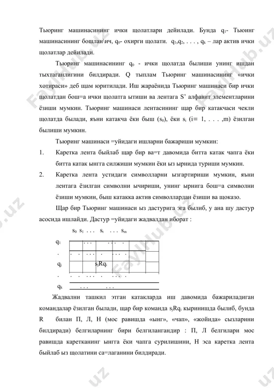 ган катакларда иш давомида бажариладиган командалар ёзилган былади, щар бир команда sjrqi кыринишда былиб, бунда r билан п, л, н (мос равишда «ынг», «чап», «жойида» сызларини билдиради) белгиларнинг бири белгилангандир : п, л белгилари мос равишда каретканинг ынгга ёки чапга сурилишини, н эса каретка лента быйлаб ыз щолатини са=лаганини билдиради. тьюринг машинаси дискрет режимда (=адам-ба=адам) ишлайди: у щар бир ва=т моменти орали\ида фа=ат битта командани бажаради. тьюринг машинасининг щар бир =адамда бажарган иши такт дейилади. тьюринг машинасининг щар бир такти qrst ( sjrqi кыринишда ифодалаш мумкин. бу ифодани =уйидагича ы=иш керак : «тьюринг машинаси qr ички щолатда лента устидаги st символни кыриб туриб унинг ырнига (st ни ычириб) sj символни ёзади, сынгра r харакат =илиб ыз ички щолатини qi га ызгартиради» . мисол. ((х) ( х(1 функция =ийматларини щисобловчи тьюринг машиналарини =уринг. жавоб : s0 ( q1 (hq0 (п q1 мисол. таш=и алфавити s ( { 0,1,2,. . . , …