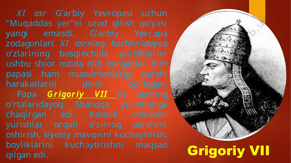 i vizantiya leni, deb tan olishga majbur bo’ladi. birinchi salib yurishlari antioxiya knyazligi, edessa va tripoli grafliklari quddus qirolligiga nomigagina bo’ysungan. amalda ular mustaqil davlat bo’lib, ijtimoiy-siyosiy tuzumi g’arbiy yevropadagi singaro tashkil etilgan. salibchilar davlati hukmdorlarining hokimiyati yirik senyorlar kengashi – “yuqori palata” faoliyati bilan cheklangan. papalik salibchilarning zaif hokimiyatini o’z harbiy kuchlari bilan yer-mulklarni himoya qilishga undaydi. birjnchi salib yurishlaridan so’ng quddusda o’ziga xos tashkilotlar, diniy-ritsarlik ordenlari tuziladi. dastlab, ritsarlarning tampliyer (xramovniklar – ibodatxona qoshidagilar) va ioannitlar (gospitalyerlar – ziyoratga kelgan bemorlarni davolash uchun tashkil qilingan gospital-kasalxona) ordenlari tuziladi. xii asr oxirida nemis ritsarlarinin birlashtirgan tevton ordeni ham tashkil topadi. ordenlar yarim harbiy – yarim rohiblar birlashmalari edi. rohiblik yopinchig’i tagidan tampliyerlar oq matodan qizil butli, gospitalyerlarda qizil matoga oq butli, tevton ritsarlarida esa oq matoga qora but tasvirli kiyimi ostidan ritsarlik sovuti kiyilgan. ordenlarga salibchilar mulkklarini kengaytirish va himoya qilish, mahalliy aholi isyonlarini bostirish vazifalari yuklangan. tampliyer ordeni …