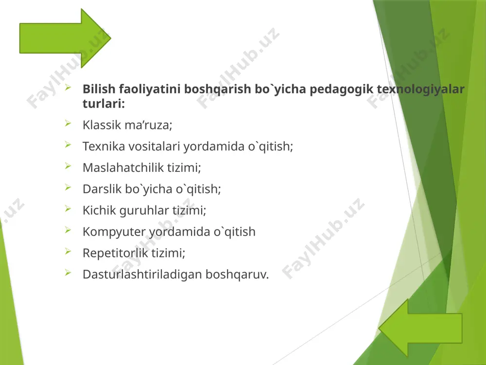 tuyg‘u vа holаtlаrini bilish jаrаyoni sifаtidа qаrаlаdi. innovаtsiyani joriy etish jаrаyoni ø inkor etish ø qаrshilik tаdqiq etish ø kengаytirish ø аn‘аnаviylаshtirish innovаtsion fаoliyatdа eng muhim mаsаlаlаrdаn biri-o‘qituvchi shахsidir. o‘qituvchi-novаtor sermаhsul ijodiy shахs bo‘lishi, kreаtivlikni, keng qаmrovli qiziqish vа mаshg‘ullikni, ichki dunyosi boy, pedаgogik yangiliklаrgа o‘ch bo‘lishi lozim. foydalanilgan adabiyotlar karimov i.a. ozod va obod vatan, erkin va farovon hayot-pirovard maqsadimiz. t.8. – t.: o’zbekiston, 2000. karimov i. a. vatan ravnaqi uchun har birimiz mas’ulmiz. t.9. – t.: o’zbekiston, 2001. karimov i.a. xavfsizlik va tinchlik uchun kurashmoq kerak. t.10. – t.: o’zbekiston, 2002. bespalko b. slagaemie pedagogicheskoy texnologii.-m.: pedagogika, 1999. barkamol avlod-o’zbekiston taraqqiyotining poydevori.-t.: sharq, 1997. milliy istiqlol g’oyasi: asosiy tushuncha va tamoyillar.-t.: o’zbekiston, 2000 y. farberman b. l, musina r. g., f. a. djumabaeva. oliy o’quv yurtlarida o’qitishning zamonaviy usullari.-t.: 2002. farberman b. l. ilg’or pedagogik texnologiyalar. -t.: fan, 2000. image1.png image2.jpg