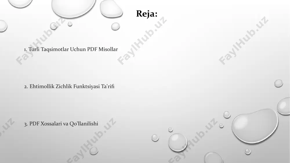 i beradi, bu yerda a va b - istalgan ikkita son. turli taqsimotlarning ezflarini tahlil qilish poisson taqsimoti uchun ezf, o'rtacha λ ga bog'liq bo'lib, λ ning katta qiymatlarida normal taqsimotga yaqinlashadi, bu markaziy chegara teoremasi bilan bog'liq. turli taqsimotlarning, masalan, eksponentsial (λ=2) va normal (μ=0, σ=1) taqsimotlarning ehtimollik zichlik funksiyalari (ezf) shakllarini va ularning parametrlari ta'siriga tahlil qilish mumkin. bernulli taqsimoti uchun ezf diskret bo'lib, faqat 0 va 1 qiymatlarini oladi, ularning ehtimolligini p va 1-p orqali belgilash mumkin. ehtimollik taqsimoti tushunchasi ehtimollik taqsimoti, tasodifiy o'zgaruvchining qabul qilishi mumkin bo'lgan har bir qiymatining ehtimolligini aniqlaydi, masalan, 0 dan 1 gacha bo'lgan oralig'da 10 ta qiymat uchun. diskret taqsimotida, o'zgaruvchi cheklangan sonli yoki sanab o'tiladigan sonli qiymatlarni qabul qiladi, masalan, zar tashlashda 1 dan 6 gacha bo'lgan sonlar. doimiy taqsimotida esa, o'zgaruvchi berilgan intervalda istalgan qiymatni qabul qilishi mumkin, masalan, 0 dan 1 gacha bo'lgan sonlar oralig'ida cheksiz ko'p qiymatlar …