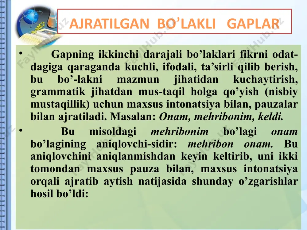 iqlovchisi bo’lib qo’llangan izohlovchi ajratilgan bo’ladi (bu olmoshlar bevosita odatdagi aniq-lovchilar bilan qo’llanmaydi): biz, terimchilar, va’damizning-ustidan chiqamiz! («s. uzb.») ajratilgan izohlovchi maxsus yordamchi (ya’ni so’zi) bilan qo’llanishi ham mumkin: difterit, bo’g’ma (difterit, ya’ni bo’g’ma),. bolalarda ko’p uchraydigan kasallikdir. («s. uzb.») ajratilgan izohlovchi bilan izohlanmishning o’zaro sin-taktik aloqasi tenglanishdir (bular shu tomoni bilan uyushi^ bo’lakka o’xshasa ham, lekin uyushiq bo’lakdan tamoman boshqa ho-disadir, ularning o’ziga xos belgilari ko’p. masalan, uyushiq, bo’laklardagi sanash intonatsiyasi bularda yo’q). yoyiq izohlovchilarda ajralish xususiyati ancha kuchli. masalan: ochilov, zavodimizda nom chitsargan smena masteri, xamma-ga namuna bo’ldi. («s. uzb.») akang, hammaga tanilgan moxir-uchuvchi,.... ajratilgan qaratuvchi. qaratuvchining ot yoki ot vazi-fasidagi so’zdan bo’lishi, odatda, ajratilgan qaratuvchisining ham shu turda bo’lishini talab qiladi: har ikkisi qaratqich ke-lishigida bo’ladi. asli bunda ajratilgan izohlovchining bir ko’-rinishi kelib chiqadi: oshpazning, mamattsulovning, qo’li gul ekan. («s. uzb.») ajratilgaya sifatlovchi boshqa bo’laklarga qaraganda juda o* bo’lib, she’riyatda (ran bo’laklarini odatdagidan boshqacha tar-tibda joylash natijasida) …