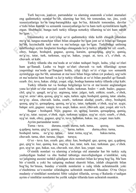ine shakllari ona emas, qaynona ma’nosida qo‘llaniladi; 4) ona so‘zining turli tillardagi har xil variantlari o‘zining semantik differensiyasiga ham ega: qoraqalpoq, qirg‘iz. ene - ona; chuvash. anne - ona, tuva. ene - opa, xola, eney - momo, qozoq. yene -qaynona, turkman. ene - ona, momo, hakas. iney - xotin, ayol kabi. qipchoq guruh tillarda ona (va yana ayrim) qarindoshlik atamasining chaqirish, undash shakli ham uchraydi, bu atamaning turli variantlari bu ma’noda ishlatilganda ko‘pincha so‘z negizida –y undoshi orttiriladi: iney, aniy kabi. o‘zbek tilida ham “onasi” shu ma’noni anglatadi. yana quyidagi qarindoshlik atamalarini qiyoslang: ota apa dayы gadыn kelin qayin ozarb. ata apa taay kadit kelen g‘ayin oltoy ata apa dayы katыn kelin qay(y)n boshqird ata apa dayы qatыn kelin qay(ы)n qozoq ata apa dayы qadыn kelin qayыn qoraqalpoq ata apa tay kadыn kelin qayыn qirg’iz ata apa dayы katыn kelin qayыn qo‘miq ata apa dayы xatыn kelin qayыn no‘g’ay ata …