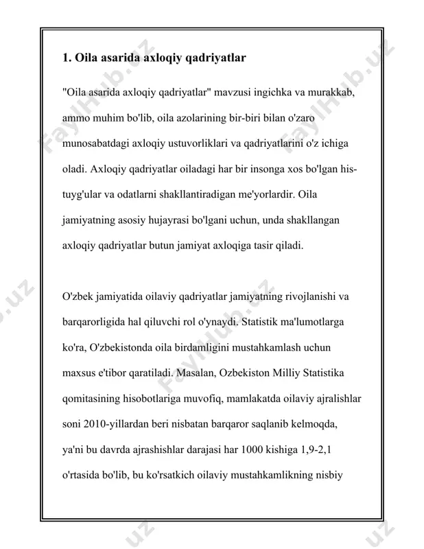 iy jihatdan qo'llab-quvvatlashda katta yordam beradi. muxtasar qilib aytganda, o'zbekiston oila tizimidagi axloqiy qadriyatlar har tomonlama rivojlanib, jamiyatning mustahkam va barqaror bo'lishida muhim rol o'ynasa-da, axloqiy qadriyatlarni saqlab qolish va ularga amal qilish har bir fuqaroning zimmada bo'lgan burchi sifatida qaralishi zarur. 2. oila va an'ana oila va anana mavzusi bo'yicha uzbekcha malumot quyida keltirilgan: oila va an'ana - bu har bir jamiyat va madaniyatning asosiy poydevoridir. oila - bu jamiyatning eng kichik hujayrasi bo'lib, unda an'analar, qadriyatlar va urf-odatlar avloddan-avlodga o'tadi. o'zbekistonda oilaga va an'anaviy qadriyatlarga katta e'tibor qaratiladi. o'zbekistonda oilaviy tuzilma odatda kengaytirilgan oilalardan iborat bo'lib, ota-onalar, bolalar, bobo-buvilar va ba'zida boshqa yaqin qarindoshlar birgalikda yashaydi. bu turdagi oilada o'zaro yordam va qo'llab-quvvatlash muhim rol o'ynaydi. odatda ota yoki oila rahbari oilaviy masalalarda oxirgi qarorni qabul qiladi. o'zbekiston respublikasi davlat statistika qo'mitasining ma'lumotlariga ko'ra, 2020-yilda mamlakatda o'rtacha oila miqdori 5,4 kishini tashkil etadi. ushbu ko'rsatkich shahar va qishloq …