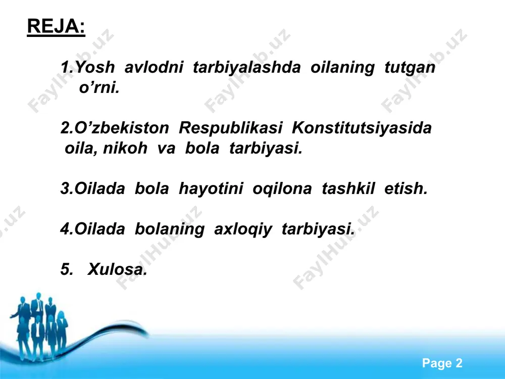 an han jiddiy ham gapirib bo`lmaydi. ota o`z bolalariga biron narsani va`da qilib so`ng uni bajarmay qo`ymasin! rostgo`ylik ezgulikka boshlaydi, yovuzlik esa jahannamga. rostgo`y odamga yaxshi baho, yomon odamga yomon baho beriladi. free powerpoint templates page * zero ota-onaning mehr-muhabati,chinakam hurmati bolalarda eng go`zal axloqiy tuyg`ularni, ayniqsa qadryatni his qilishda yordam beradi. bu esa unda kattalar orasida ham kamyop bo`lib qolgan insoniylik sifatlardan hisoblanadi. bolaning kelajakda qanday inson bo`lib yetishishi ko`proq ota-onasi va o`z oilasiga hamda unda tarkib topgan muhitga bog`liq.’’bola ota-onasidan qayerga ortib boradi” degan gap ayni haqiqat. demak, farzandlar ota-onalarini davomchilaridir. yusuf xos xojib “oiladagi” eng ulug` fazilat ezgu qiliq va go`zal hulqdir. ikkinchisi rostlik, uchinchisi hayot hisoblanadi. mana shu uch fazilat birlashsa kishi baxtiyor bo`ladi, qut iqbol uning huzuriga bosh urib keladi.chunki kishining hulqi go`zal bo`lsa uni barcha xalq sevadi.”xulqi yuz bo`lgan kishiga to`rdan joy tegadi” - degan edi. free powerpoint templates page * oilada bola tarbiyasi …