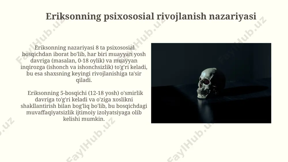 brennerning ekologik tizim nazariyasi bronfenbrennerning ekologik tizim nazariyasi 5 ta o'zaro bog'liq tizimni – mikro, mezo, eko, makro va kronosistemalarni o'z ichiga oladi, bu yerda bola rivojlanishiga turli xil darajadagi ta'sirlarni, masalan, oila (mikro) va madaniy kontekst (makro) ni ko'rsatadi. nazariya, 1979 yilda chop etilgan asarida, individual rivojlanishning ijtimoiy-madaniy kontekstlarning muhim rolini ta'kidlab, aqsh va rossiya kabi turli mamlakatlardagi bolalarni o'rganishga asoslangan. e'tiboringiz uchun rahmat @taqdimot_robot image2.jpg image3.jpg image4.jpg image5.jpg image6.jpg image7.jpg image8.jpg image9.jpg image10.jpg image11.jpg image12.jpg image13.jpg image14.jpg image15.jpg image16.jpg image17.jpg image18.jpg