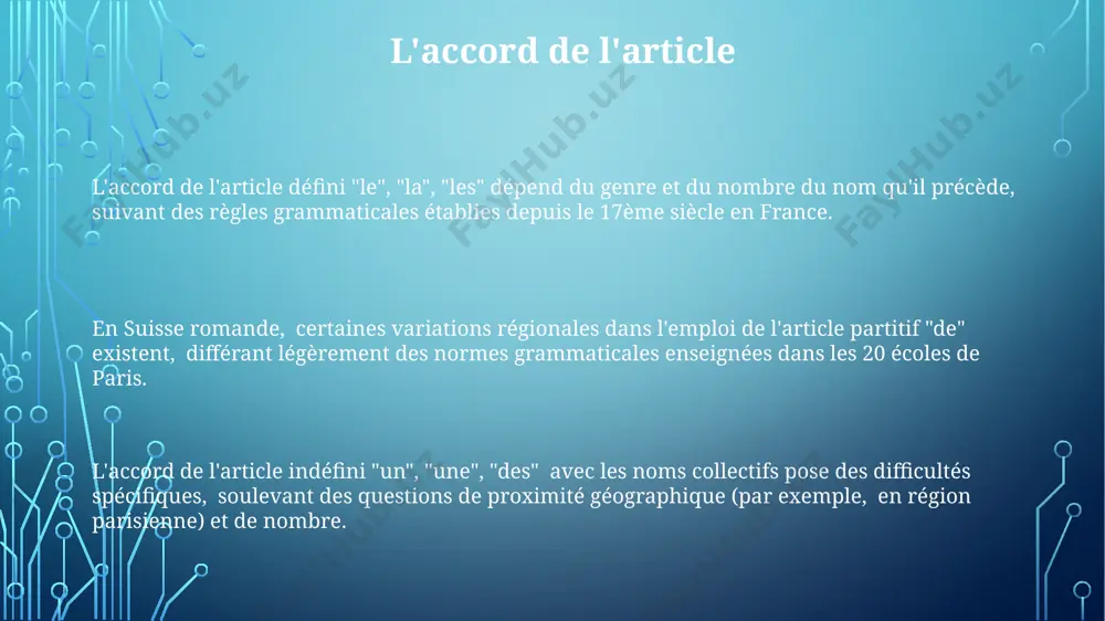 prendre des phrases impliquant des notions de quantité et de mesure, notamment dans des contextes culinaires français ou suisses. l'omission de l'article défini ou indéfini, contrairement à l'anglais, peut modifier radicalement le sens d'une phrase en français, comme illustré par 20 exemples dans la grammaire de grevisse (belgique). les articles définis et indéfinis en français, il existe 7 articles indéfinis (un, une, des) déclinés selon le genre et le nombre du nom, impactant significativement la construction de phrases. les articles définis (le, la, les) précèdent des noms spécifiques, connus du locuteur et de l’auditeur, comme "la tour eiffel" à paris, contrairement aux articles indéfinis. la différence entre "un" et "des" en france repose sur le nombre : "un" pour le singulier, "des" pour le pluriel, mettant en lumière un aspect fondamental de la grammaire française. merci pour votre attention @taqdimot_robot image1.png image2.png image3.png image4.png image5.png