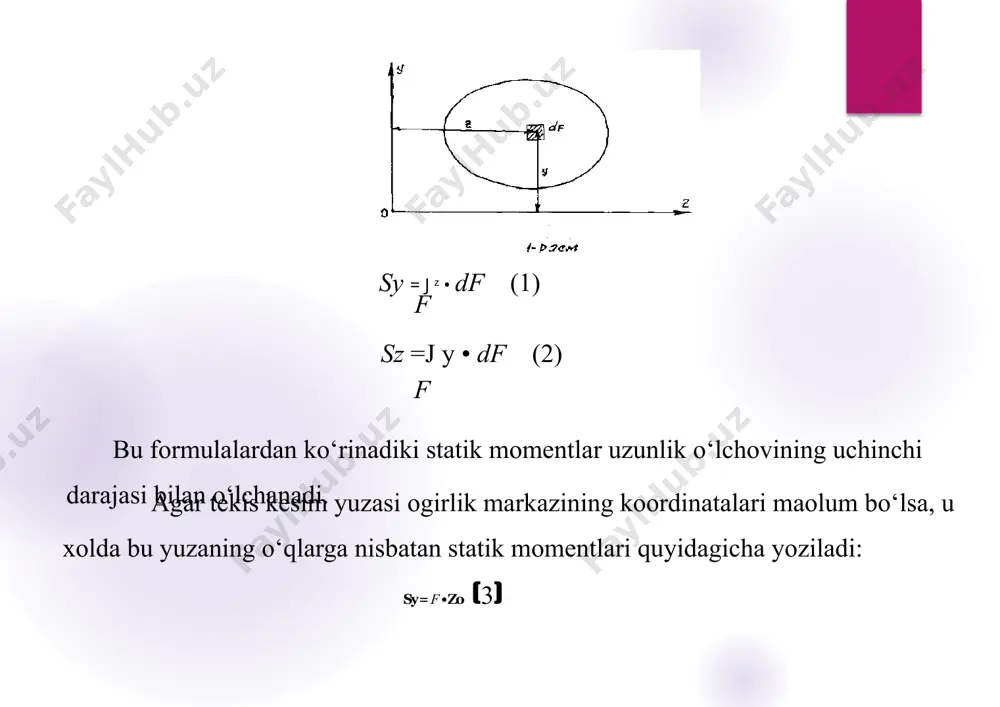 idagi kesimning inersiya momenti, (5-rasm): jp=\p2df = \p2 • 2*p-dp = -—p* |02 = -—4 1 4 md4 f 0 2 0 2 32 j, = j = j p —d4 y z 2 64 5. xalkasimon kesimning inersiya momenti, (6-rasm) r _ —d4 —4 y = “64 64 — (d4 64 d4) 4n —d4 _ d4 64 (1 - d4) —d4 „ 4. 64 ■(1 -c ); d c = d konstruksiyalarni hisoblashda eng muhim kattaliklardan biri bu — inertsiya momentidir. u kesim yuzasining neytral o‘qqa nisbatan joylashuvini va yuklarga qarshilik ko‘rsatish qobiliyatini ifodalaydi. egilish nazariyasiga ko‘ra, elementdagi normal zo‘riqishlar kesim inertsiya momenti bilan bog‘liq bo‘ladi: o=m-yi\sigma = \frac{m \cdot y}{i}o=im-y demak, inertsiya momenti qancha katta bo‘lsa, konstruksiya egilishga shuncha bardoshli bo‘ladi. 2« inertsiya momenti tushunchasi kesim yuzasinirig inertsiya momenti quyidagicha ta'riflanadi: bu yerda: * a. — kesim yuzasi, * y — neytral o'qdan elementaryuzaga bo'lgan masofa, * da …