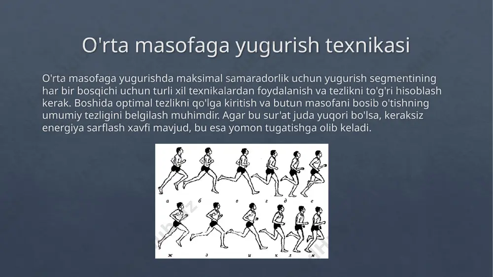 i. gavdaning oldinga engashishi koʼproq boʼlib, qadamlar kengligi va qoʼllarning amplitudasi kengayadi. har qanday kishi ham yugurish texnikasini u yoki bu bosqichda bajara oladi, shuning uchun mashgʼulotlarda yugurish malakasi yanada takomillashtiriladi va texnika kamchiliklari tuzatiladi. yugurish texnikasida aniqlangan kamchiliklar maxsus yugurish mashqlari orqali yoʼqotiladi. image6.jpeg image7.jpeg image8.jpeg image9.jpeg image10.png /docprops/thumbnail.jpeg