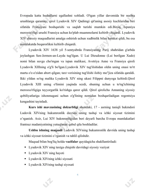 g bo'ysunishi va pireney tinchligining imzolanishi bilan yakunlandi (1659 yil 7 noyabr).1660 yilda lui ispaniyalik infanta, avstriyalik mariya tereza bilan turmush qurdi. bu vaqtda yosh podshoh to'g'ri tarbiya va ta'limsiz ulg'ayganligi sababli, bundan ham katta umidlarni uyg'otmadi. [2: qurbongaliyeva m.g. o’rta asrlar tarixidan o’quv metodik qo’llanma. т., 2012. b- 96] biroq, kardinal mazarin vafot etishi bilanoq (1661), lui mustaqil hukumatga kirishdi. u iqtidorli va qobiliyatli xodimlarni tanlash uchun sovg'aga ega edi (masalan, kolbert, voban, letellier, lion, luvois). lui qirollik huquqlari haqidagi ta'limotni yarim diniy dogmaga ko'tardi. yorqin kolbertning mehnati tufayli davlat birligini mustahkamlash, ishchilar sinflari farovonligini oshirish, savdo va sanoatni rag'batlantirish uchun ko'p ishlar qilindi. shu bilan birga, luvois armiyani tartibga solib, uning tashkilotini birlashtirdi va jangovar kuchini oshirdi.ispaniya qiroli filipp iv vafotidan so'ng, u frantsuzlarning ispaniya gollandiyasining bir qismiga da'volarini e'lon qildi va uni devolyutsiya urushida saqlab qoldi. 1668-yil 2-mayda tuzilgan axen shartnomasi fransiyaning flandriya va bir qator chegara …