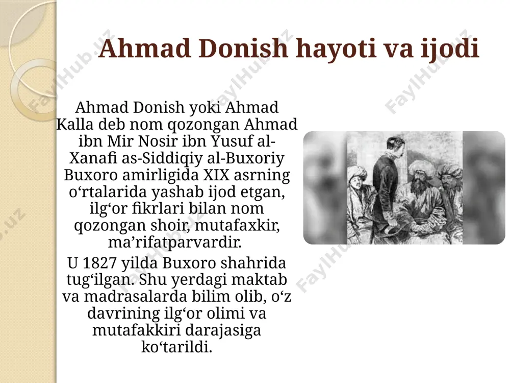 hikoyati axmadi kalla” deb nomlanuvchi qoʻlyozmada muallif turli tarixiy, adabiy, falsafiy masalalar haqida fikr yuritadi. u ulugʻbek davri, abdurahmon jomiy taʼlimoti, shialar va sunnalarni murosaga kelishtirish masalalariga bagʻishlangan risola ham yozgan. risolada islom tarixi, undagi turli yoʻnalishlarning kelib chiqish sabablari, rumiy, gʻazzoliy, jomiy, bedil kabi donishmandlarning bu masalalarga munosabatlari xususida bahs yuritilgan. ahmad donish ijtimoiy ilmlar sohasida markaziy osiyoning oʻtmish tarixi, fani, adabiyoti, davlatchiligi, dini kabi masalalariga oid hamda oʻziga xos mazmunga ega boʻlgan sheʼriy asarlar yaratish bilan birga tabiiy ilmlar, xususan astronomiya, kosmologiya muammolari ustida ham mutgasil tadqiqotlar olib borgan va bu sohada qator asarlar yozib qoldirgan. ahmad donish oʻzining “munozir al-kavokib” (“yulduzlarni kuzatish”) degan asarida falakiyot ilmiga oid muhim masalani hal qilgan. donish “risolat dar ilmi kurra” (“globus haqida risola”) ham yozgan boʻlib, unda globusning vazifasi va uning ilm uchun ahamiyati, undan amaliy foydalanish haqida gap boradi. 12 bobdan iborat boʻlgan “iztigʻroji bul va arzi balat” (“joylarning uzunligi …
