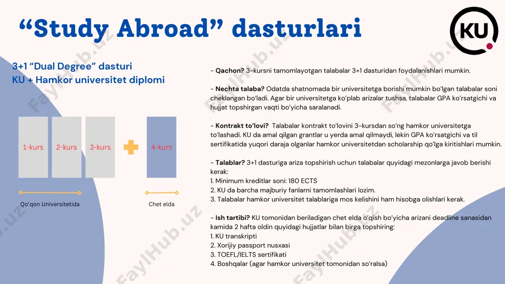 il o’rganish, ko’nikmalarni oshirish va amaliyot o’tash uchun qisqa muddatga mo’ljallangan. - qachon? 1-kursni tamomlagan va so’nggi kursda o’qimayotgan talabalar yozgi maktabga borishlari mumkin. - nechta talaba? odatda shatnomada bir dasturga borishi mumkin bo’lgan talabalar soni cheklangan bo’ladi. agar ko’plab arizalar tushsa, hujjat topshirgan vaqti bo’yicha saralanadi. - shartnoma to’lovi? dastur va mamlakatdan kelib chiqib to’lanadi. - tanlov? indoneziya - 30 kun (jakarta va bali) chexiya - 14 kun gretsiya - 14 kun (saloniki) ispaniya - 14 kun (barselona) mamadaliyev ulug’bek +998909518866 do’smatov habibullo +998911409096 tel:+998907816455 tel:+998907816455 “internship” dasturi hamkor tashkilot sertifikati - qachon? 4-kursni tamomlayotgan va tamomlagan talabalar “internship” dasturidan foydalanishlari mumkin. - nechta talaba? talabalar soni cheklanmagan. - kontrakt to’lovi? talabalar hamkor tomonidan taqdim etiladigan shartnoma to’lovini to’lashadi. - talablar? internship dasturiga ariza topshirish uchun talabalar quyidagi mezonlarga javob berishi kerak: 1. universitetni 2 yil ichida tamomlagan yoki 4-kursni tamomlayotgan 2. 18 yoshdan yuqori 3. ku tomonidan tavsiya …
