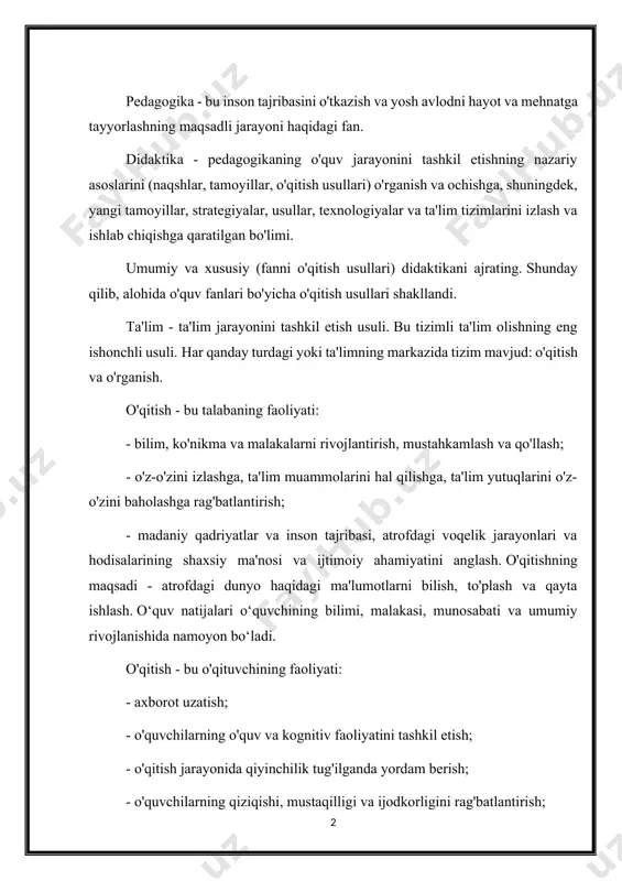 baholash. o'qitish samaradorligi o'quvchilar bilan o'zaro munosabatda bo'lishni va birgalikda va mustaqil faoliyatni tashkil qilishni ham o'z ichiga oladi. mening inshomning maqsadi: turli didaktik muammolarni hal qilishda talabalarning o'quv va kognitiv faoliyatini tashkil etish bo'yicha o'qitish usullarini o'rganish va qo'llash. i. _ o'qitish usullarining tasnifi usullarni quyidagi asoslar bo'yicha tasniflash taklif etiladi: bilim manbasiga ko'ra (og'zaki, ko'rgazmali va amaliy usullar mavjud, chunki so'z, tasvir va tajribadan tashqari boshqa manbalar mavjud emas); o'qitishning tegishli bosqichida, ularning har birida aniq vazifalar hal qilinadi (o'quvchilarni materialni o'rganishga tayyorlash usullariga yo'naltirish, qiziqish uyg'otish, kognitiv ehtiyojlar, asosiy bilimlarni, zarur ko'nikma va ko'nikmalarni yangilash; o'rganish usullari; yangi material, bilimlarni konkretlashtirish va chuqurlashtirish usullari, ma'lum bo'lganlardan foydalanishga yordam beradigan amaliy ko'nikmalarni egallash, o'quv natijalarini kuzatish va baholash usullari); o'quv faoliyatini boshqarish uslubiga ko'ra - to'g'ridan-to'g'ri yoki bilvosita (o'qituvchiga tushuntirish usullari va talabalarning mustaqil ishlarini tashkil etishning turli usullari mavjud); o'quv jarayoni mantig'iga ko'ra (induktiv va deduktiv, analitik …