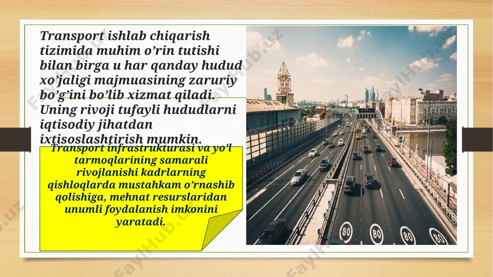 iy iqtisodiyotning avtomobil transportidan foydalanmaydigan birorta sohasi yo’q. qisqa masofalarga yuk va yo’lrvchilarni tashish, zamonaviy transportning boshqa xillari mavjud bo’lmagan manzilgohlarda aholi va tashkilotlarga xizmat ko’rsatishda, ayniqsa transport uchun noqulay bo’lgan tog’li joylarda avtomobil transportining ahamiyati beqiyosdir. o’zbekiston hududida avtomobil yo’llari tarmog’i ancha keng. har 1000 km maydonga avtomobil yo’llari xalqaro va davlat ahamiyatiga ega. o’zbekiston respublikasining ijtimoiy – iqtisodiy hayotida transport tizimining yana bir muhim qismi bo’lgan tutadi. milliy iqtisodiyotning avtomobil transportidan foydalanmaydigan birorta sohasi yo’q. qisqa masofalarga yuk va yo’lrvchilarni tashish, zamonaviy transportning boshqa xillari mavjud bo’lmagan manzilgohlarda aholi va tashkilotlarga xizmat ko’rsatishda, ayniqsa transport uchun noqulay bo’lgan tog’li joylarda avtomobil transportining ahamiyati beqiyosdir. o’zbekiston hududida avtomobil yo’llari tarmog’i ancha keng. har 1000 km maydonga avtomobil yo’llari xalqaro va davlat ahamiyatiga ega. respublikamizda “o’rta osiyo trans” avtomobil firmasining tashkil etilganligi o’zbekiston bozor iqtisodiyoti sharoitida ishlashga o’tganligining belgilaridan biridir. aviakompaniya xorijiy sarmoyalarni jalb qilish hisobidan samolyot – motor parkini …