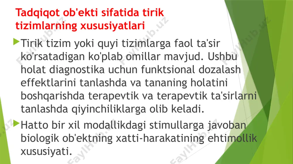 borat; 2. kuchsiz asos va uning tuzli aralashmasidan iborat; 3. ko’p asosli k-talar tuzlarining aralashmasidan iborat. bufer eritmalarning ta’sir etish mexanizmlari eritmalarning ph qiymatini o’zgartirmasdan saqlash xossasiga bufer ta’sir deyiladi. bufer sistemalarning vodorod ionlarining konsentratsiyasi va eritma ph ini doimiy saqlab turish hususiyati bufer ta`siri mexanizmi deyiladi. buni atsetatli bufer eritmaning ta’sir mexanizmi misolida ko‘rib chiqaylik: atsetatli buferga xlorid kislota qo‘shilganda hcl aralashmadagi tarkibiy qismlarning biri (ch3coona) bilan reaksiyaga kirishadi: ch3coo- +na++h++cl- → na++cl- +ch3cooh inson organizmidagi asosiy bufer sistemalar 1.gidrokarbonatli bufer sistema- hujayraning tashqarisidagi asosiy bufer sistema. bu bufer sistema qonning asosiy bufer sistemasi bo’lib u qon bufer sig’imining 53% tashkil etadi. 2. fosfat bufer sistema- bu bufer sistema turli biologik suyuqliklarda, siydikda, ovqat hazm qilish bezlarining shirasida, buyrakda boradigan fiziologik jarajonlarni normallawtirib turadi. 3. oqsilli bufer sistema- organizm massasining 25% ni oqsil modda tashkil qiladi. bu eng kuchli bufer sistema. oqsilli bufer sistemasi protein k-ta va uning tuzidan …