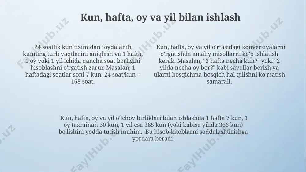 alan, 3 soatni sekundga o'tkazish uchun 3 x 60 x 60 = 10800 sekund hisoblanadi. murakkab masalalarda, masalan, bir ishchi 2 soatda 10 ta detal yasasa, 5 soatda necha detal yasashini topishda proporsiya yoki tenglama tuzish kerak bo'ladi. vaqt birliklari tushunchasi vaqt birliklari o'lchovining asosiy birliklari sekund, minut, soat, kun, hafta, oy va yildan iborat bo'lib, ular orasida o'zaro bog'liqlik mavjud: 1 minut = 60 sekund, 1 soat = 60 minut va hokazo. vaqtni o'lchashda turli xil kalendar tizimlari qo'llaniladi, masalan, gregorian kalendarida yil 365 yoki 366 kun (kabisa yili) dan iborat. vaqt oralig'ini hisoblashda, masalan, ikki voqea orasidagi vaqt farqini aniqlashda, arifmetik amallar (qo'shish, ayirish) va birliklar konvertatsiyasi (sekunddan soatga va aksincha) muhim rol o'ynaydi. vaqtni o'lchash asboblari zamonaviy mexanik soatlar, sekund, minut va soat kabi birliklarni aniq o'lchash uchun 24 soatlik tizimda ishlaydi va mexanik tishli mexanizmlar yordamida harakatlanadi. vaqtni o'lchashning eng qadimgi asboblaridan biri quyosh soati bo'lib, …
