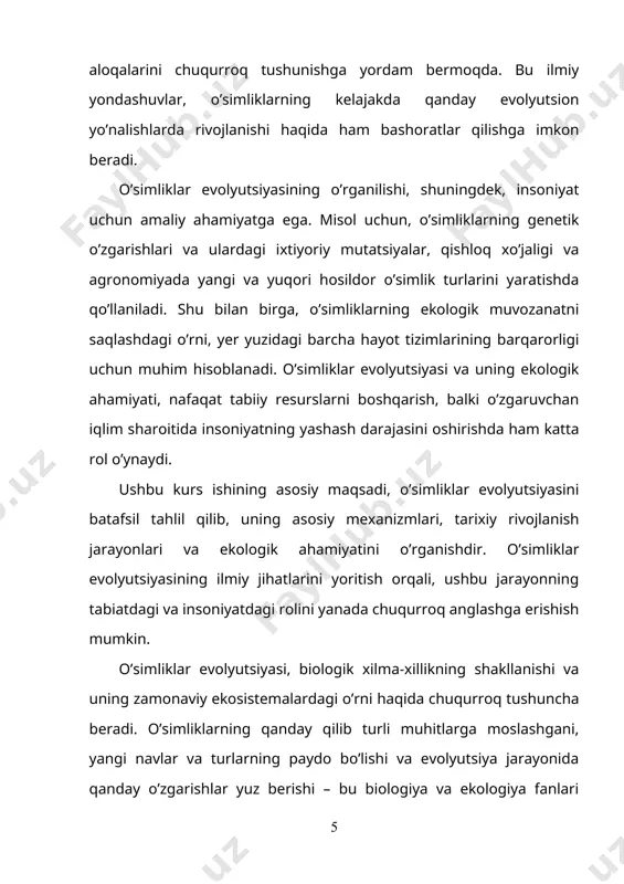 iklar hisoblanadi. aniqrog‘i, bu yondashuvda o‘simliklarning tashqi tuzilishi (morfologiyasi), yashash davomiyligi, vegetativ organlarining joylashuvi, kurtaklarning tuproqqa nisbatan holati, shuningdek, ularning ekologik sharoitlarga qanday moslashgani tadqiq etiladi. kurs ishining predmeti: hayotiy shakllar bo‘yicha raunker va serebryakov klassifikatsiyalari o‘simliklarning tashqi tuzilishi, yashash sharoitlariga moslashuvi va biologik xususiyatlarini o‘rganishga qaratilgan. ushbu mavzuning predmeti o‘simliklarning hayotiy shakllarini aniqlash va ularni muayyan belgilarga asoslangan holda guruhlarga ajratishdan iborat. bu klassifikatsiyalar orqali o‘simliklarning qanday sharoitlarda, qanday tuzilishlar bilan yashashi va tarqalishi o‘rganiladi. kurs ishining metodi: hayotiy shakllar bo‘yicha raunker va serebryakov klassifikatsiyalari mavzusining tadqiqot metodlari o‘simliklarning tashqi tuzilishini, yashash muhitiga moslashuvini va ekologik xususiyatlarini tizimli ravishda o‘rganishga qaratilgan. asosiy metod sifatida taqqoslash (solishtirma), tavsiflash, geobotanik kuzatuv, hamda klassifikatsiya va guruhlash usullari qo‘llaniladi. kurs ishining amaliy ahamiyati: turli hayotiy shakildagi o`simliklar muhitining iqlimiy va tuproq sharoitlariga qanday moslashganini ko`rsatadi. kurs ishining hajmi: kirish, 3 bob, 4 bo`lim, 5 ta rasm, xulosa, foydalanilgan adabiyotlar va 38 sahifadan iborat. …