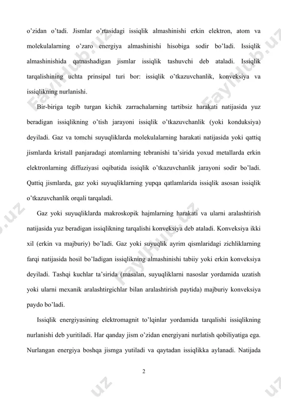 tida issiqlik o’tkazuvchanlik jarayoni sodir bo’ladi. qattiq jismlarda, gaz yoki suyuqliklarning yupqa qatlamlarida issiqlik asosan issiqlik o’tkazuvchanlik orqali tarqaladi. gaz yoki suyuqliklarda makroskopik hajmlarning harakati va ularni aralashtirish natijasida yuz beradigan issiqlikning tarqalishi konveksiya deb ataladi. konveksiya ikki xil (erkin va majburiy) bo’ladi. gaz yoki suyuqlik ayrim qismlaridagi zichliklarning farqi natijasida hosil bo’ladigan issiqlikning almashinishi tabiiy yoki erkin konveksiya deyiladi. tashqi kuchlar ta’sirida (masalan, suyuqliklarni nasoslar yordamida uzatish yoki ularni mexanik aralashtirgichlar bilan aralashtirish paytida) majburiy konveksiya paydo bo’ladi. issiqlik energiyasining elektromagnit to’lqinlar yordamida tarqalishi issiqlikning nurlanishi deb yuritiladi. har qanday jism o’zidan energiyani nurlatish qobiliyatiga ega. nurlangan energiya boshqa jismga yutiladi va qaytadan issiqlikka aylanadi. natijada nur bilan issiqlik almashinish sodir bo’lib, u o’z navbatida nur chiqarish va nur yutish jarayonlaridan tashkil topadi. haqiqiy sharoitlarda issiqlik almashinish alohida olingan biror usul bilan emas, balki bir necha usullar yordamida yuzaga keladi, ya’ni murakkab issiqlik o’tkazish jarayonlari amalga oshiriladi. issiqlik almashinish …