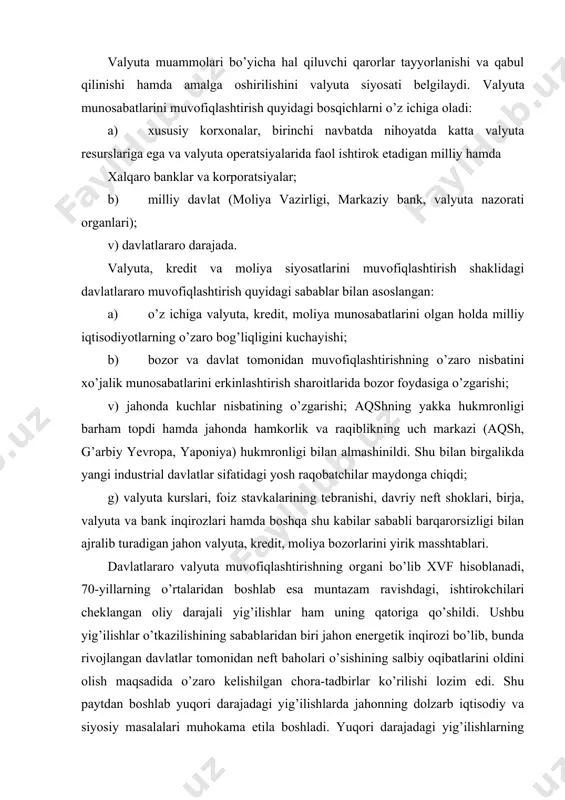 nk inqirozlari hamda boshqa shu kabilar sababli barqarorsizligi bilan ajralib turadigan jahon valyuta, kredit, moliya bozorlarini yirik masshtablari. davlatlararo valyuta muvofiqlashtirishning organi bo’lib xvf hisoblanadi, 70-yillarning o’rtalaridan boshlab esa muntazam ravishdagi, ishtirokchilari cheklangan oliy darajali yig’ilishlar ham uning qatoriga qo’shildi. ushbu yig’ilishlar o’tkazilishining sabablaridan biri jahon energetik inqirozi bo’lib, bunda rivojlangan davlatlar tomonidan neft baholari o’sishining salbiy oqibatlarini oldini olish maqsadida o’zaro kelishilgan chora-tadbirlar ko’rilishi lozim edi. shu paytdan boshlab yuqori darajadagi yig’ilishlarda jahonning dolzarb iqtisodiy va siyosiy masalalari muhokama etila boshladi. yuqori darajadagi yig’ilishlarning birinchisi 1975 yilning noyabr oyida fransiyaning rambuye shaqrida olti yetakchi davlat ishtirokida o’tkazilgan. 1976 yildan boshlab "ettilikning" (aqsh, yaponiya, germaniya, fransiya, buyuk britaniya, italiya, kanada) har yillik yig’ilishlari o’tkaziladi. oliy darajadagi uchrashuvlar muntazamligining sababi xo’jalik aloqalarining globallashuvi, mamlakatlar iqtisodiy va siyosiy rivojlanishi, hamkorligi hamda qarama-qarshiliklarining barqarorsizligidadir. davlatboshilarning muntazam konsultatsiyalari yagona iqtisodiy va siyosiy strategiya ishlab chiqilishini ko’zlaydi. oliy darajadagi xalqaro yig’ilishlar rivojlangan davlatlarning iqtisodiyoti va …