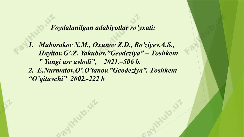 aniqroq topiladi. geodezik tayanch nuqtalarini va plan olish nuqtalarining balandligini aniqlashda, turli masshtabda plan olishda, injenerlik inshootlarining loyihalarini tuzishda va bu inshootlarni qurishda, shuningdek geologik qidiruv ishlarida, yirik injenerlik inshootlarining choʼkishi va deformatsiyasini aniqlashda va shu kabi boshqa ishlarda geometrik nivelirlash qoʼllaniladi. nivelirlash metodi va asboblari nuqtalar balandligining qanchalik aniq oʼlchanishi zarurligiga qarab tanlanadi. trigonometrik nivelirlash. nivelirlashning bu turida ikki nuqta orasidagi qiyalik burchagi va masofa oʼlchanadi, hamda oʼlchash natijalaridan nuqtalarning bir-biriga nisbatan balandligi trigonometrik formulalar yordamida hisoblab chiqariladi. teodolit-taxometr bilan qiyalik burchagi oʼlchanadi. trigonometrik nivelirlash topografik plan olishda, balandliklardagi farq katta boʼlgan nuqtalarni, masalan, togʼ, tepalik va boshqa rel’yef shakllarini, turli buyum va inshootlarning balandligini aniqlashda qoʼllaniladi. barometrik nivelirlash. bu metod yerdan baland koʼtarilgan sari havo bosimining kamaya borishi qonuniyatiga asoslangan. barometrik nivelirlash natijasida nuqtalarning balandligi 1-2 metr aniqlikda topiladi. shuning uchun aniqlikda nivelirlash talab qilinmaydigan ishlarda, masalan, turli ekspeditsiyalarda, geologik, geografik va boshqa tekshirishlarda biror joyning relьefini dastlabki …