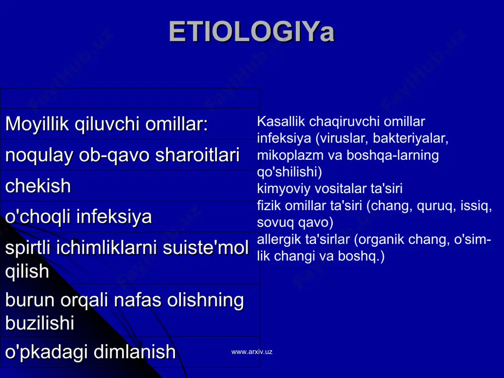 lin, teopen, teotard, retofil) gks iii. boshqalar – iztirobli o`talda erespal, geparin –mikrosirkulyasiyani yaxshilash uchun www.arxiv.uz www.arxiv.uz prognoz chekish, boshqa qitiqlovchilar ta'siri to`xtatilmasa, infeksion xurujlar davolanmasa surunkali obstruktiv bronxit rivojlanib boraveradi. bu, shuningdek, bemorning yoshiga, kasallik aniqlangan vaqtdagi 1 sekundda chiqarilgan umumiy nafas ulushining kamayish darajasi, jarayon kechishi turiga bog`liqdir. www.arxiv.uz www.arxiv.uz