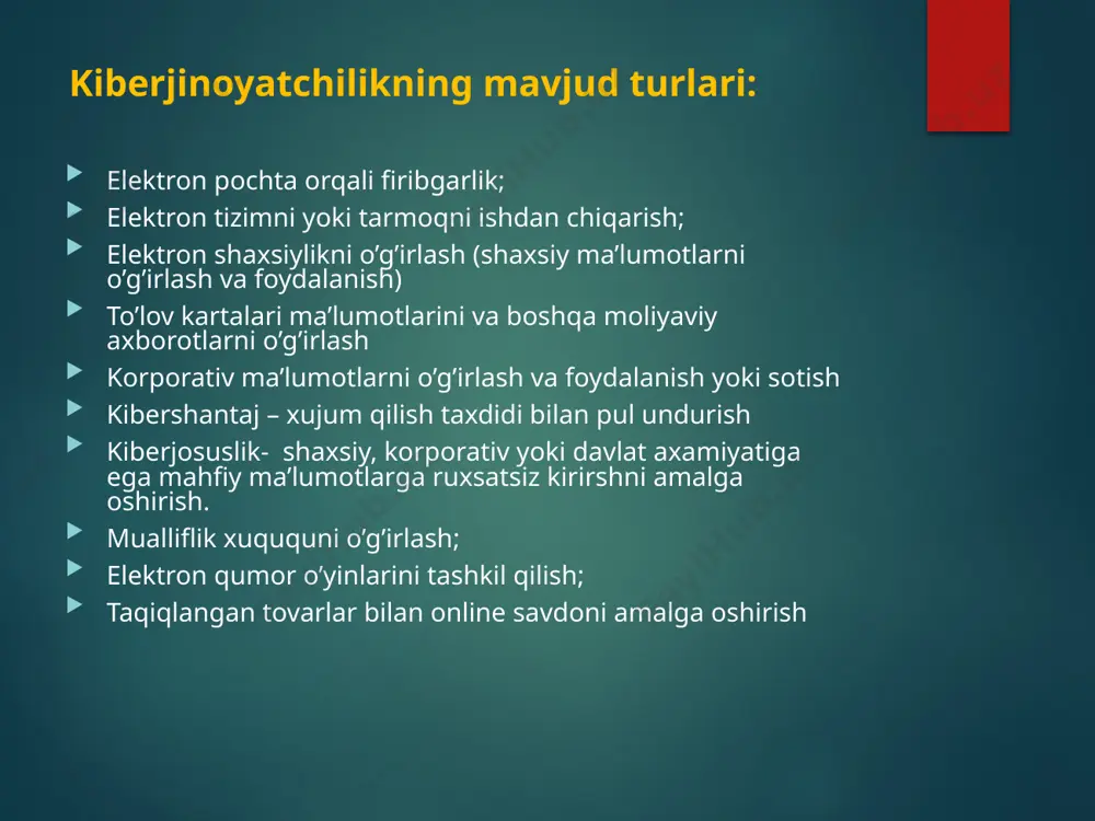 n himoya qilish uchun yuqori o‘tkazish polosasiga ega internet-kanalga ulangan bir qator filtrlar qo'llaniladi. filtrlar shunday ishlaydiki, ular doimiy ravishda o'tayotgan trafikni tahlil qiladi, noodatiy tarmoq faolligi va xatolarni aniqlaydi. tahlil qilingan nostandart trafik shakllari hozirda ma'lum bo'lgan barcha hujum usullarini, shu jumladan keng tarqalgan botnetlar yordamida amalga oshirilganlarni o'z ichiga oladi. filtrlar marshrutizatorlar, boshqariladigan kalitlar va ixtisoslashtirilgan apparatlar darajasida ham amalga oshirilishi mumkin. kiber garovli taxdid image2.png image3.png image4.png image5.png image6.png image7.png image8.png image9.png /docprops/thumbnail.jpeg