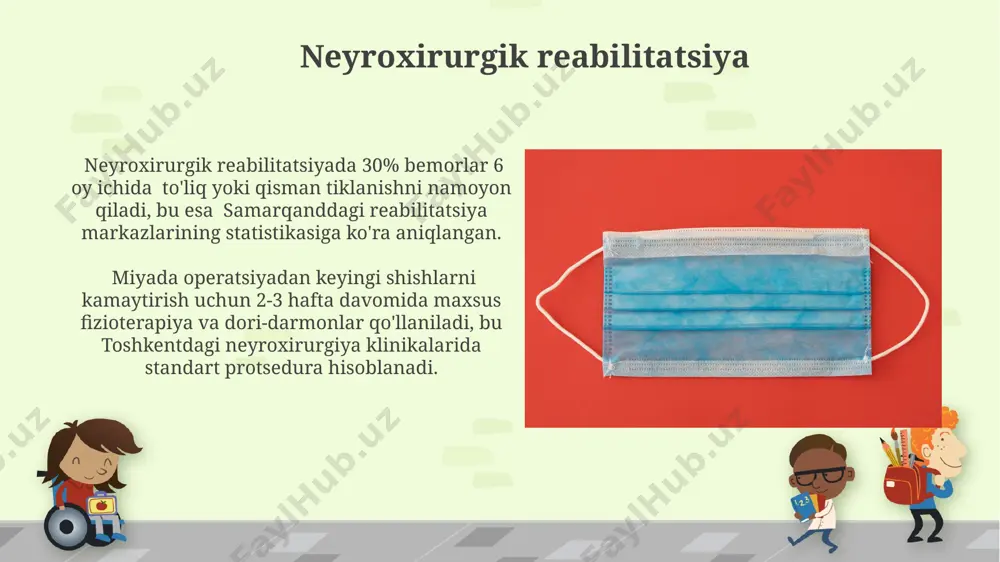 niy mashqlar, masalan, yurish, toshkentdagi ixtisoslashgan markazlarda tavsiya etiladi. ortopedik reabilitatsiya toshkent shahridagi 3-sonli shifoxonada o‘tkazilgan tadqiqotlar shuni ko‘rsatdiki, ortopedik reabilitatsiya jarayonida 80% bemorlarda 6 hafta ichida sezilarli yaxshilanish kuzatilgan. samarkand viloyatidagi reabilitatsiya markazlarida qo‘llaniladigan yangi texnologiyalar, masalan, robototexnika, bemorlarning 70% da tiklanish jarayonini 25% tezlashtiradi. reabilitatsiya jarayonini monitoring qilish va baholash samarqanddagi reabilitatsiya markazida o‘tkazilgan 100 bemor ustida o‘rganish natijalariga ko‘ra, fizioterapiya mashg‘ulotlarining intensivligi va bemorning yutuqlari o‘rtasida kuchli korrelyatsiya (r=0.8) aniqlangan. toshkent shahridagi kasalxonalarda qo‘llaniladigan 5 ball shkalasi bo‘yicha har kuni bemorning harakatchanligi, og‘riq darajasi va umumiy holati kuzatilib, elektron ma’lumotlar bazasiga kiritiladi, bu esa reabilitatsiya jarayonini samarali monitoring qilish imkonini beradi. kech reabilitatsiya choralari самарқанд вилоятидаги реабилитация марказларида йилига 1500 дан ортиқ бемор юрак-қон томир тизими жарроҳлигидан кейинги комплекс реабилитациядан ўтади. тошкентдаги 3-сонли шифохонада ўпка жарроҳлигидан кейинги реабилитация давомида беморларнинг 70%и 6 ой ичида тўлиқ меҳнатга қобилиятли бўлишди. e'tiboringiz uchun rahmat @taqdimot_robot image6.jpg image7.jpg image8.jpg image9.jpg image10.jpg …