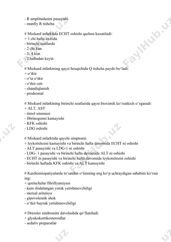 siyasi 0,5 mm dan ortiq - st segment qiya ko‘tariluvchi depressiyasi # yuik diagnostikasida miokardni radionuklid tekshirishning keng tarqalgan 2 usuli radionuklid ventrikulografiya va stsintigrafiya - qaysi 2 radioaktiv preparat bilan o‘tkaziladi: + 201 te bilan - radionuklid ventrikulografiya va stsintigrafiya + 99m te- pirofosfat bilan - 131 i - gipuran bilan - 198 au- kolloidli # koronar shuntlashga 2 ko‘rsatma (2): + yagona zararlanmagan toj arteriyasi + chap toj arteriyasi stvoli zararlanishi - chap qorincha zarb hajmi 55% dan kam - oldingi yuklamaning oshishi # yuik kasalliklarida koronar arteriyalarida bo‘ladigan 4 morfo-fuktsional o‘zgarishlarni ko‘rsating: + aterosklerotik tuguncha + sirkulyar stenoz + tromboz + spazm - lipidli dog‘ - tromboliziz - vazodilyatatsiya - koronar arteriyalar anomal ko’chishi # "nomuqim stenokardiya" tushunchasi bilan aniqlanadigan stenokardiyaning 4 klinik variantini ko‘rsating: + birinchi marta paydo bo‘lgan (de-nova) + avj oluvchi + variantli (printsmetall) + anginoz statusning cho‘zilishi - zo‘riqish stenokardiyasi funktsional sinf (fs) …
