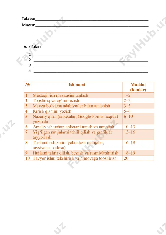 turlari haqida tushuncha 1.1 anketaning ta’rifi va turlari 1.2 so‘rovnomalarning amaliy qo‘llanilishi 1.3 so‘rovnoma savollarini tuzish qoidalari ii bob. google forms haqida umumiy tushuncha 2.1 google forms’ning imkoniyatlari 2.2 google forms’da anketani yaratish bosqichlari 2.3 google forms’ning boshqa platformalardan afzalliklari iii bob. amaliy ish: anketa tuzish va ma’lumot yig‘ish 3.1 mavzu tanlash va savollarni ishlab chiqish 3.2 anketani google forms’da yaratish 3.3 respondentlar bilan ishlash va anketani tarqatish iv bob. yig‘ilgan natijalarni tahlil qilish 4.1 google sheets orqali avtomatik tahlil 4.2 diagramma va grafiklar bilan ishlash 4.3 natijalarga asoslangan xulosalar chiqarish v bob. tadqiqot asosida yakuniy xulosalar va tavsiyalar 5.1 olingan natijalar asosida tavsiyalar 5.2 kelajakdagi izlanishlar uchun yo‘nalishlar 6. xulosa — umumiy natijalar — shaxsiy fikrlar 7 . foydalanilgan adabiyotlar 8. ilovalar (google forms havolasi, skrinshotlar, grafiklar) kirish zamonaviy raqamli texnologiyalar hayotimizning barcha jabhalariga chuqur kirib kelgani bois, ta’lim, sog‘liqni saqlash, iqtisodiyot, boshqaruv, tahlil va ilmiy izlanishlar sohalarida aniq …