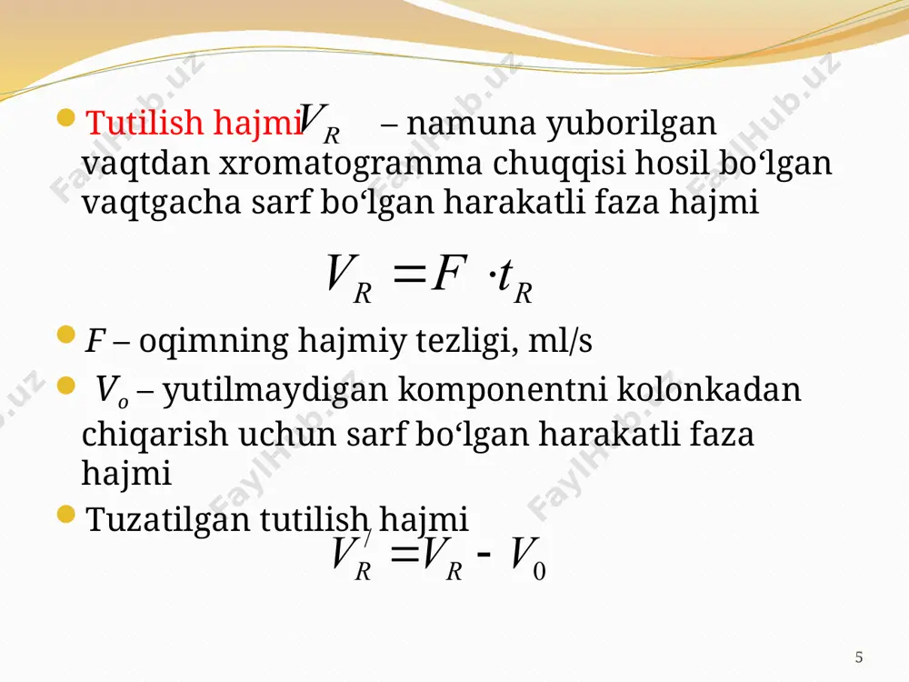 xromatografik xususiyatlarini yagona shkalada aks ettiradi. agar vodorodni (c0h0+ 2) nol alkan sifatida olsak va uni ushlanish indeksini 0 deb olsak, unda ushbu tizimda deyarli barcha moddalar mavjudifodalash mumkin 32 moddalarning ushlanish indekslari quyidagi formula bo'yicha hisoblanadi. bu erda rx, rn va rn + n – tekshiriladigan modda va uglerod atomlari n va n + n bo'lgan alkanlarning ushlanish kattaliklari qiymati (hajmi, vaqti yoki xromatogrammalardagi masofalar). har qanday n-alkanni ushlanish indeksi uning uglerod atomlari soniga 100 ga ko'payganiga tengdir: etan - 200, butan - 400 va hokazo. agar biron bir moddaning ushlab turish indeksi 930 bo'lsa, unda bu modda n-nonandan keyin kolonkadan chiqadi. 33 ushlanish indeksi (i) ning lgvr bilan bog’liqligi grafigi 34 miqdoriy analiz komponentining kontsentratsiyasiga cho'qqilar balandligi (yuzasi) ning bog'liqligi uchun s = f (c) qo'llaniladi cho’qqi yuzasi: h - cho'qqining balandligi, mm - balandlikning 1/2 qismida cho'qqining kengligi 35 cho’qqi yuzasini o’lchash 36 komponent to’liq ajralmaganda cho’qqi …