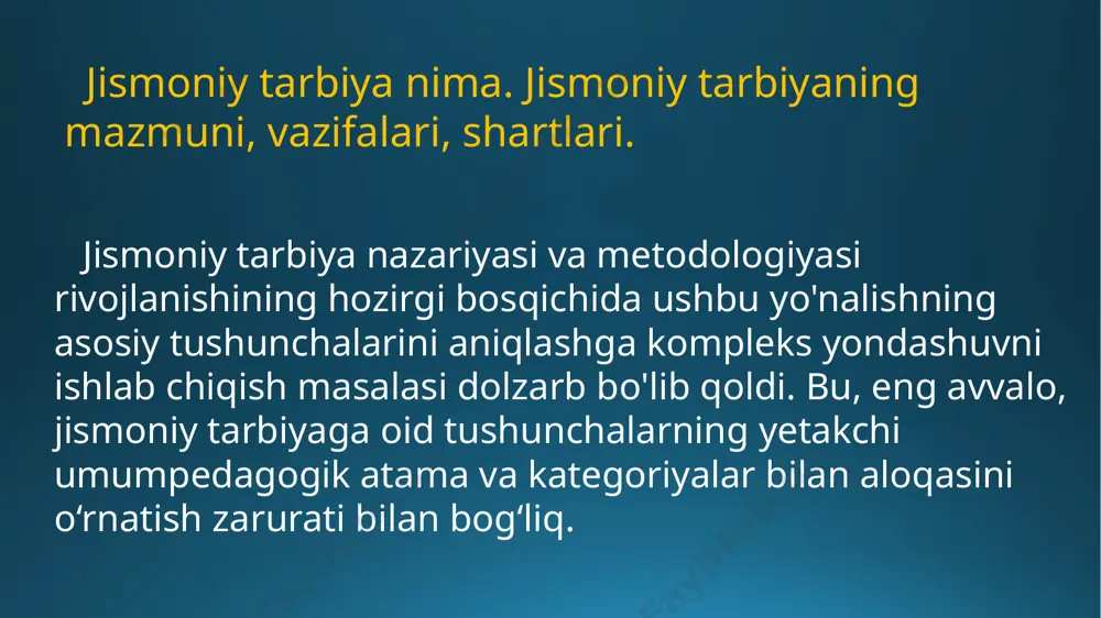 tik va mehnat tarbiyasi bilan birlikda shaxsning har tomonlama rivojlanishini ta'minlaydi. qolaversa, umumiy ta'lim jarayonining bu jihatlari shunga mos ravishda tashkil etilgan jismoniy tarbiya jarayonida ham katta darajada namoyon bo'ladi. jismoniy ta'lim-tarbiya 1) "jismoniy madaniyat", "jismoniy barkamollik", "jismoniy rivojlanish", "jismoniy tarbiya" tushunchalarining nisbati. 2) jismoniy tarbiyaning mazmuni, vazifalari, shartlari. 3)ta'limning boshqa sohalari bilan aloqa. 4) nutq buzilishlari bo'lgan maktabgacha yoshdagi bolalarning jismoniy tarbiyasini korrektiv yo'naltirish. e'tiboringiz uchun rahmat! image2.png image3.png image1.png /docprops/thumbnail.jpeg