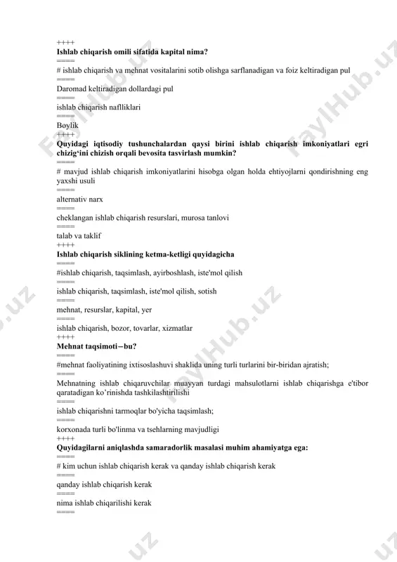 rni xaridorlar va sotuvchilarning o'zaro munosabat orqali hal qiladi? ==== #bozor ==== buyruqboz ==== an'anaviy ==== aralashgan ++++ ishlab chiqarish usulibu ==== # ishlab chiqaruvchi kuchlari va ishlab chiqarish munosabatlari; ==== ishchi kuchi va ishlab chiqarish vositalari ==== ishlab chiqarish vositalari va ishlab chiqarish munosabatlari ==== ishlab chiqarish vositalari va ishlab chiqaruvchi kuchlari ++++ iqtisodiy tizimlarning uch turi-bu... ==== # an'anaviy, bozor va buyruqboz-ma'muriy turi ==== demokratik, anarxik va totalitar turi ==== feodal, kapitalistik va kommunistik turi ==== rivojlanayotgan, rivojlangan va chiriyotgan turlar ++++ bozor iqtisodiyoti sharoitida mulkning qaysi turi ustun ? ==== #shaxsiy (xususiy) ==== kollektiv ==== davlat ==== aralash ++++ quyidagi ta’riflardan qaysi biri mulkning iqtisodiy mazmunini to‘liq aks ettiradi? ==== # naflliklarning ayrim sub'ektlarga tegishliligi va shundan kelib chiqadigan mulkiy huquq va majburiyatlarning taqsimoti ==== mulk va mulkiy huquqlar ==== alohidagi sub'ektlarning ixtiyorida bo'lgan naflliklar va xizmatlar ==== o'zlashtirish, begonalashtirish, egalik qilish bo’yicha odamlar o'rtasidagi munosabatlar ++++ …